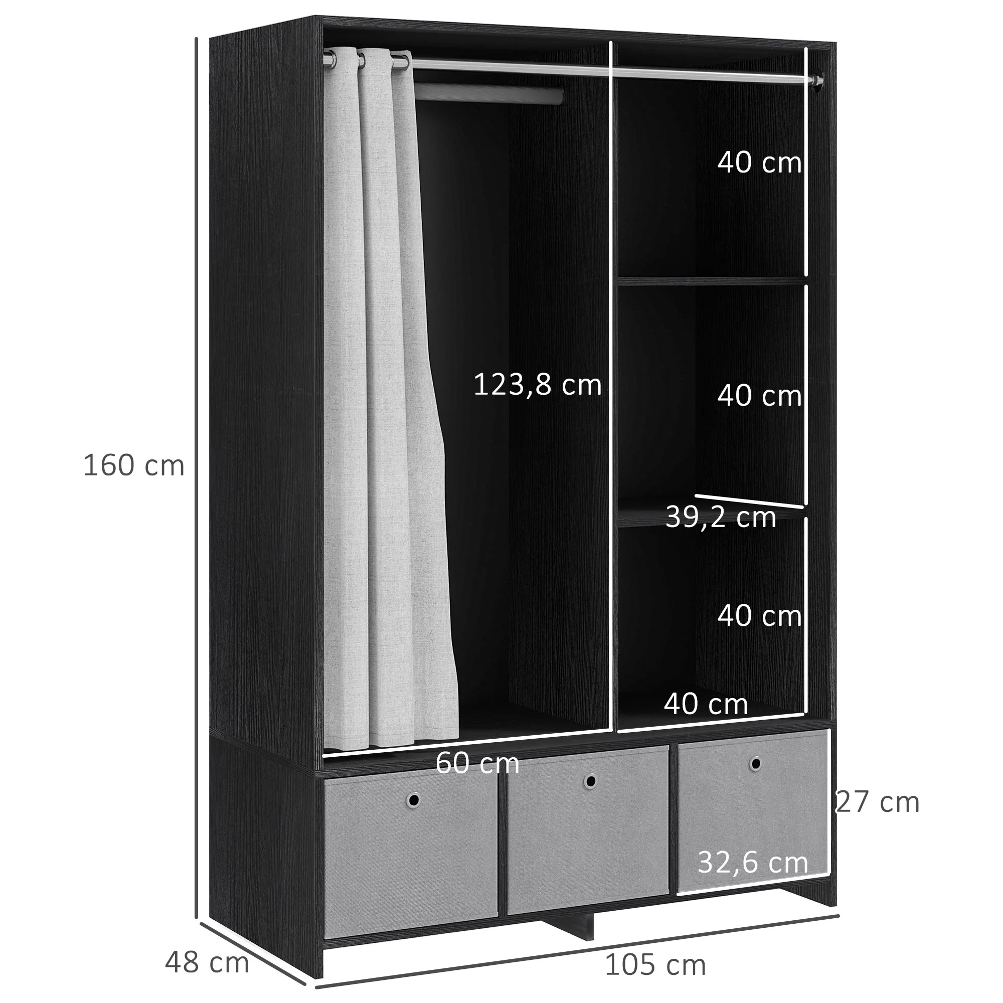Armoire penderie, dressing avec rideau, armoire chambre vêtement, garde-robe avec tringle, 3 compartiments et 3 tiroirs en tissu amovibles - 105 x 48 x 160 cm, noir - Image 4
