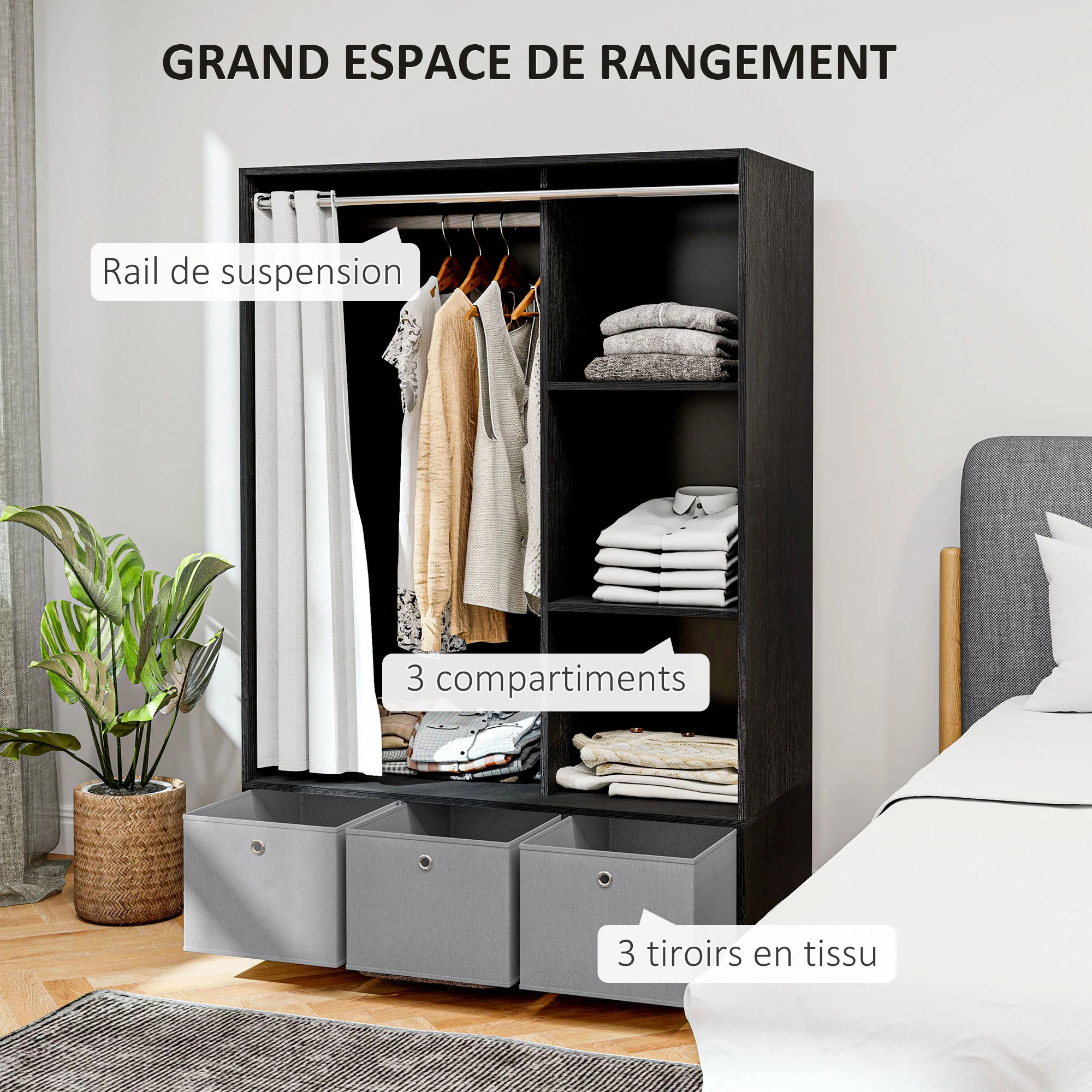 Armoire penderie, dressing avec rideau, armoire chambre vêtement, garde-robe avec tringle, 3 compartiments et 3 tiroirs en tissu amovibles - 105 x 48 x 160 cm, noir - Image 6
