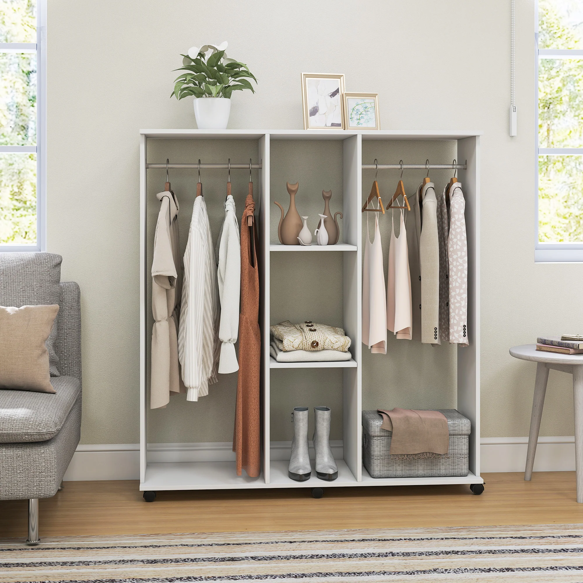 Armoire penderie Meuble de Rangement Mobile 6 roulettes 120L x 40l x 128H cm en bois Blanc - Image 10
