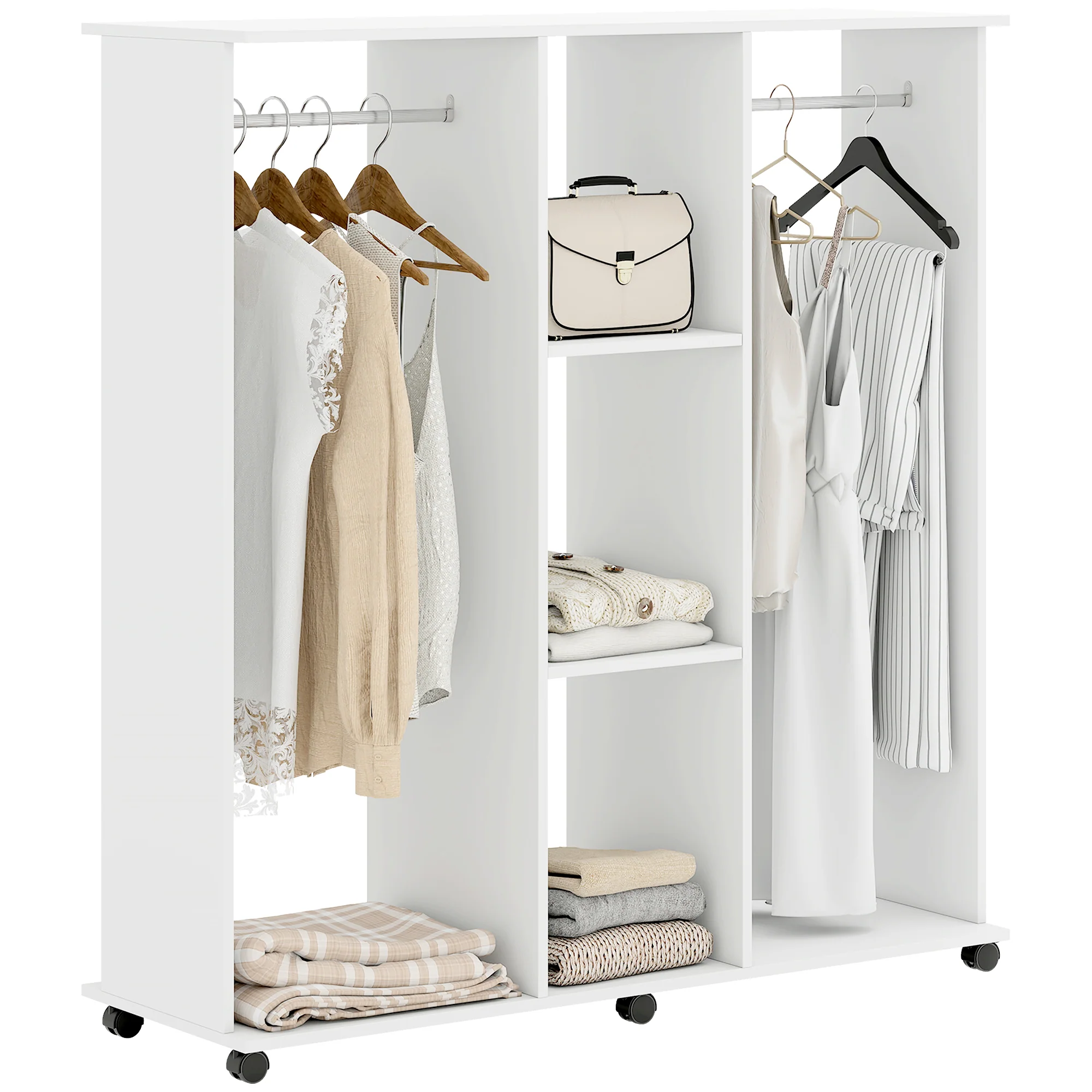 Armoire penderie Meuble de Rangement Mobile 6 roulettes 120L x 40l x 128H cm en bois Blanc - Image 11