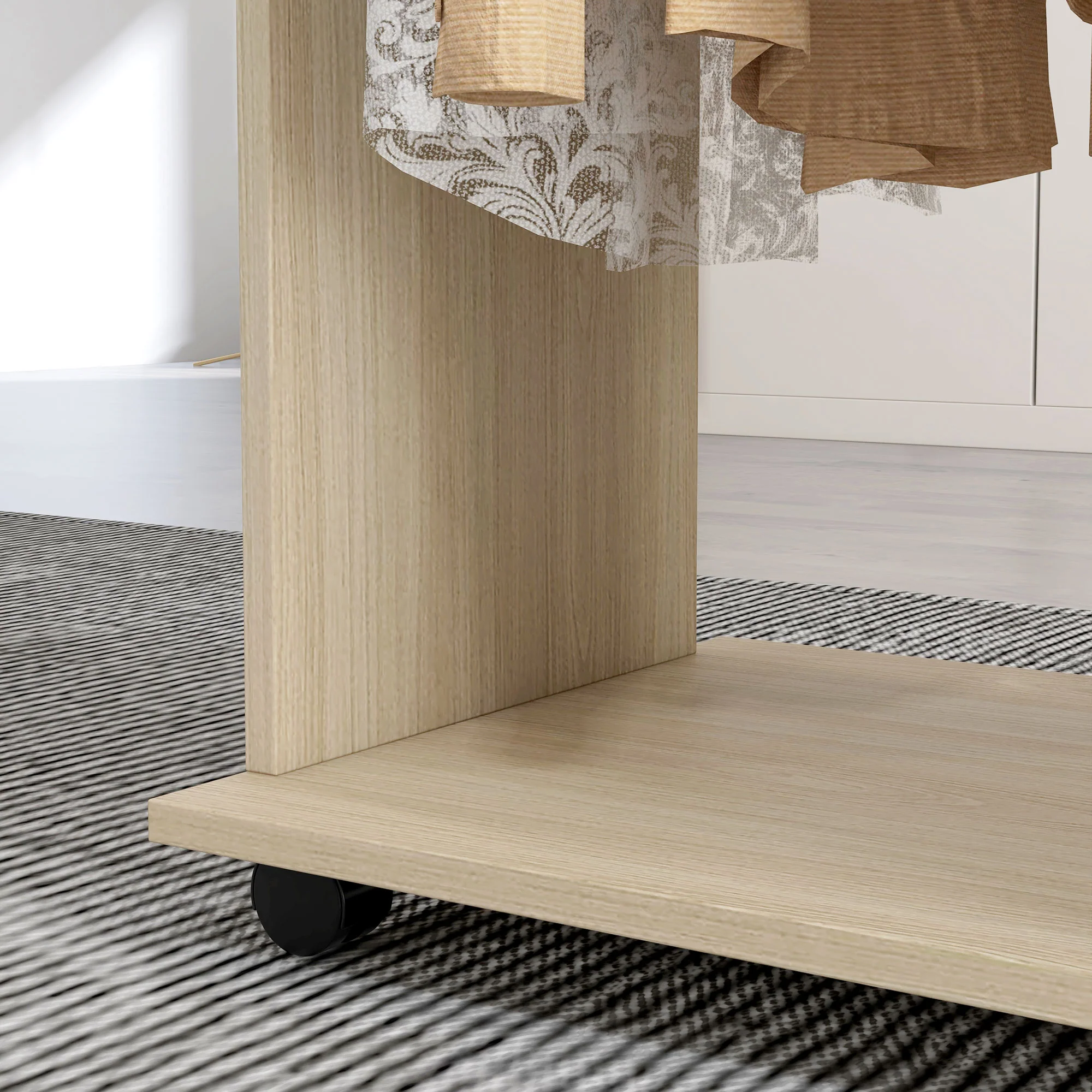 Armoire penderie Meuble de Rangement Mobile 6 roulettes 120L x 40l x 128H cm en bois Naturel - Image 10