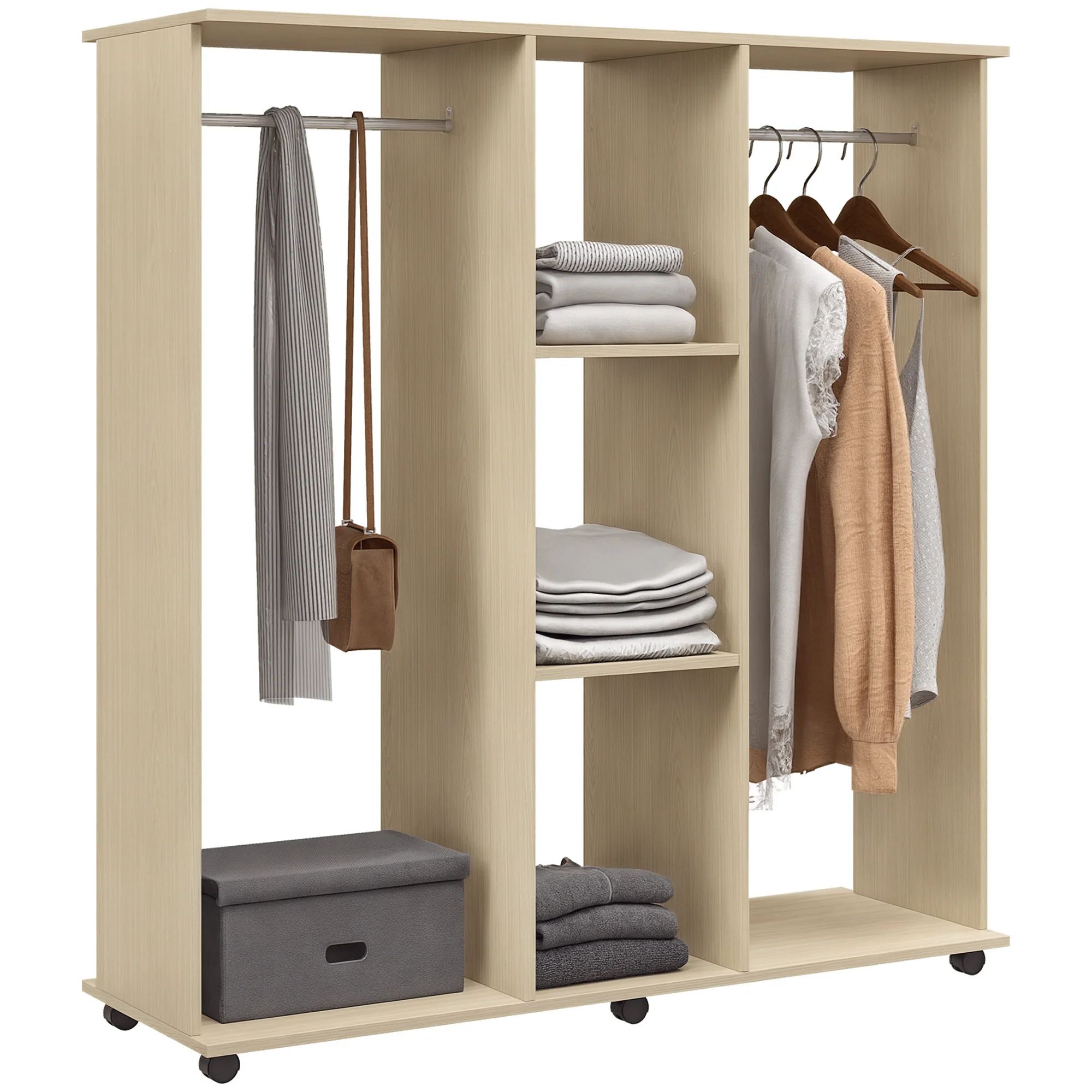 Armoire penderie Meuble de Rangement Mobile 6 roulettes 120L x 40l x 128H cm en bois Naturel - Image 11