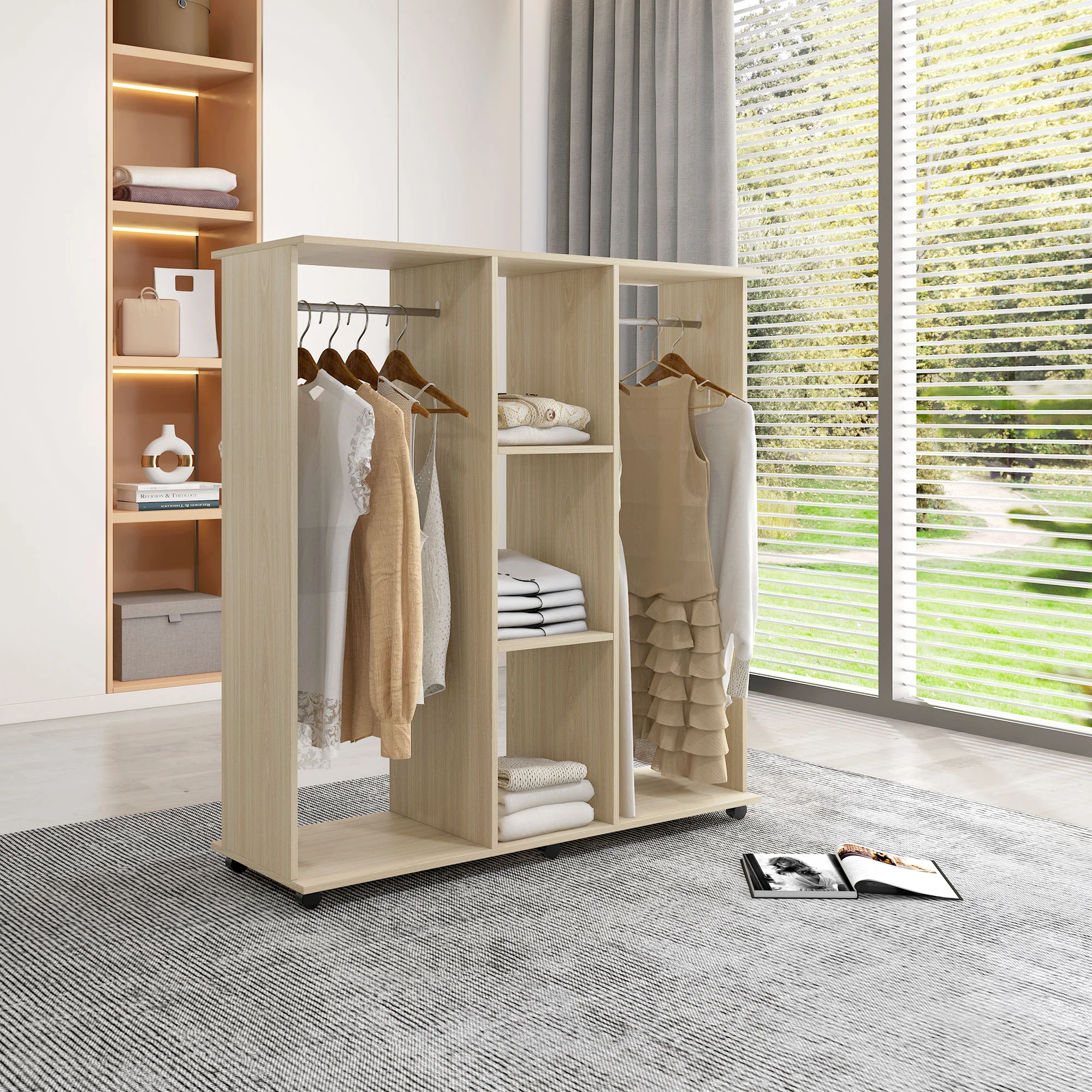Armoire penderie Meuble de Rangement Mobile 6 roulettes 120L x 40l x 128H cm en bois Naturel - Image 3