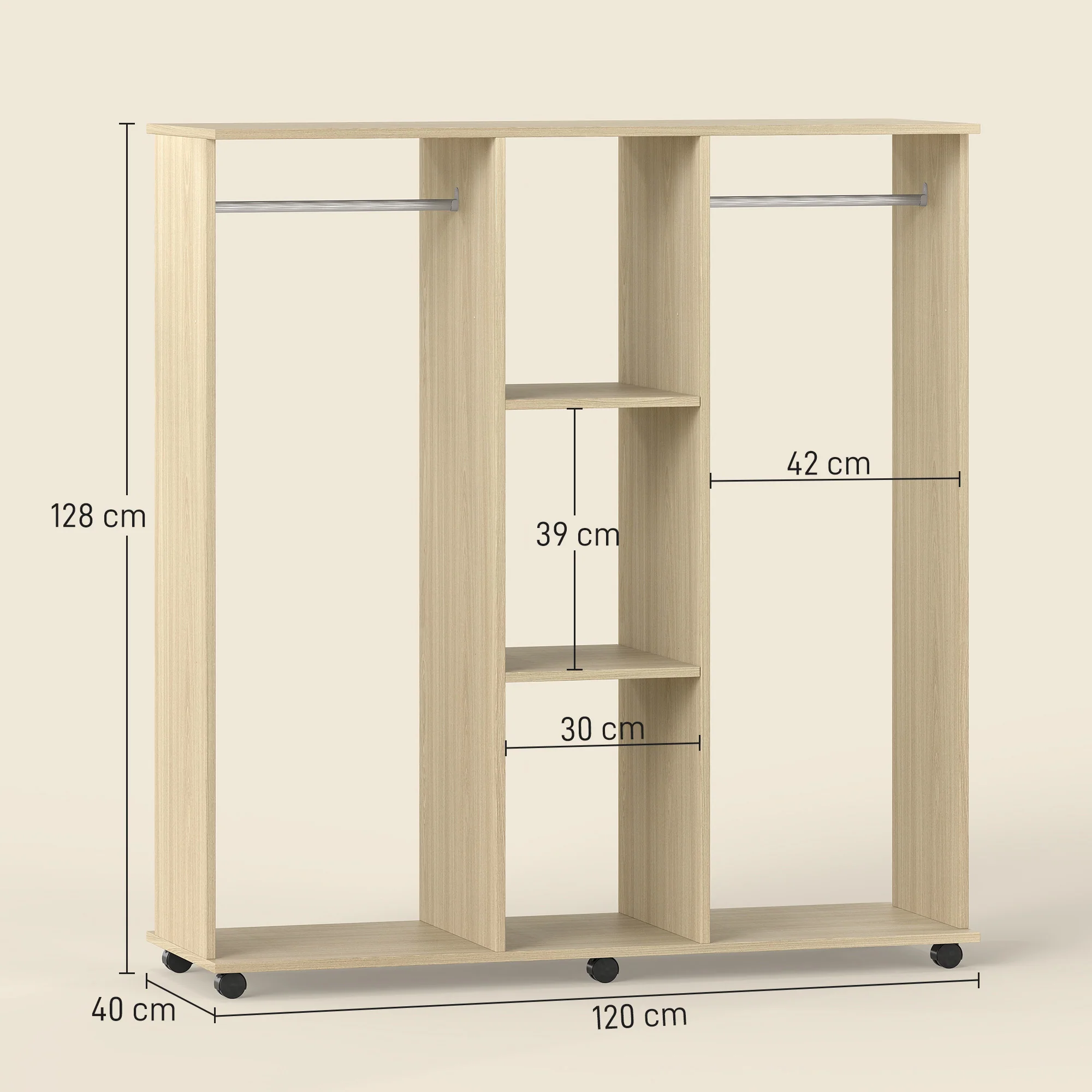 Armoire penderie Meuble de Rangement Mobile 6 roulettes 120L x 40l x 128H cm en bois Naturel - Image 4