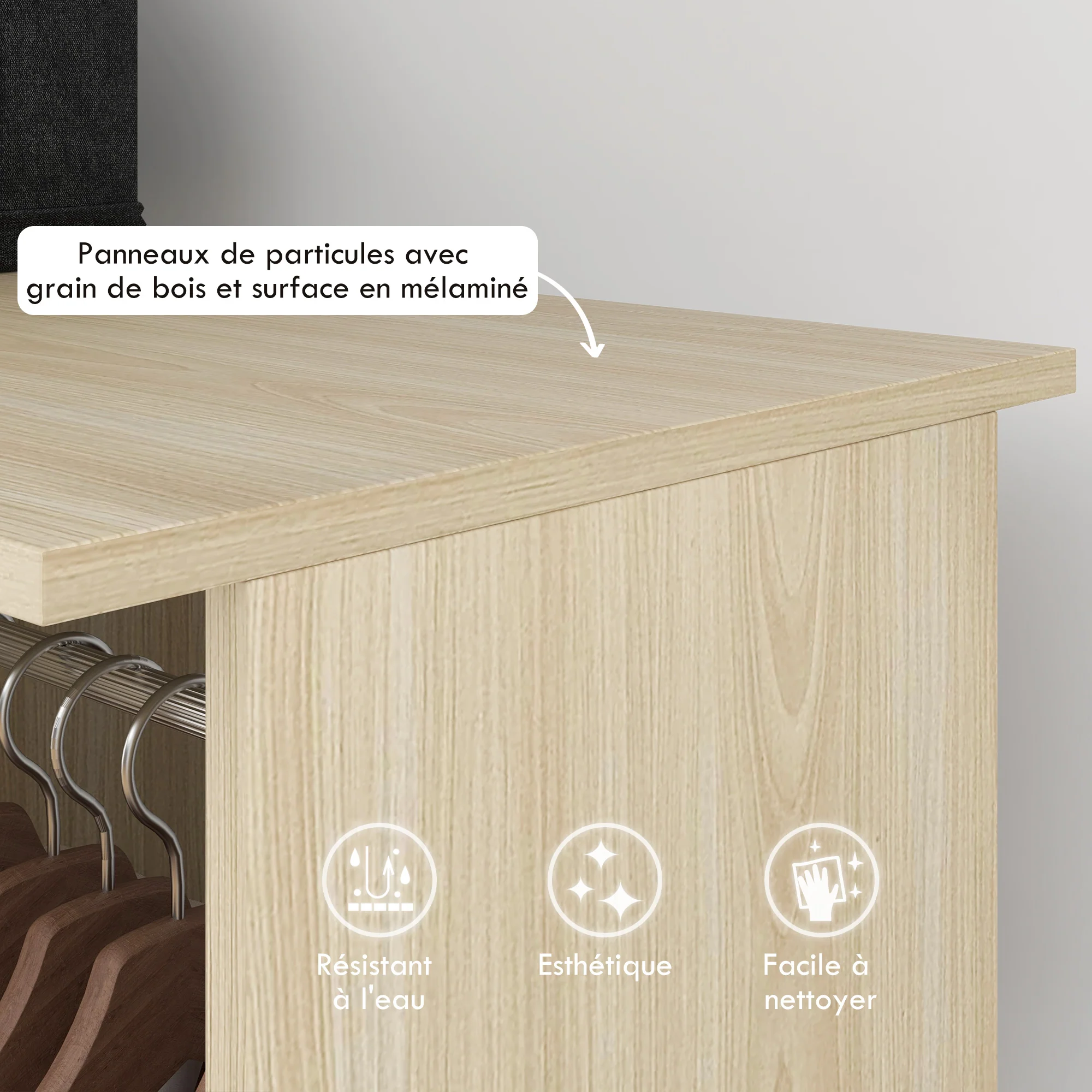 Armoire penderie Meuble de Rangement Mobile 6 roulettes 120L x 40l x 128H cm en bois Naturel - Image 5