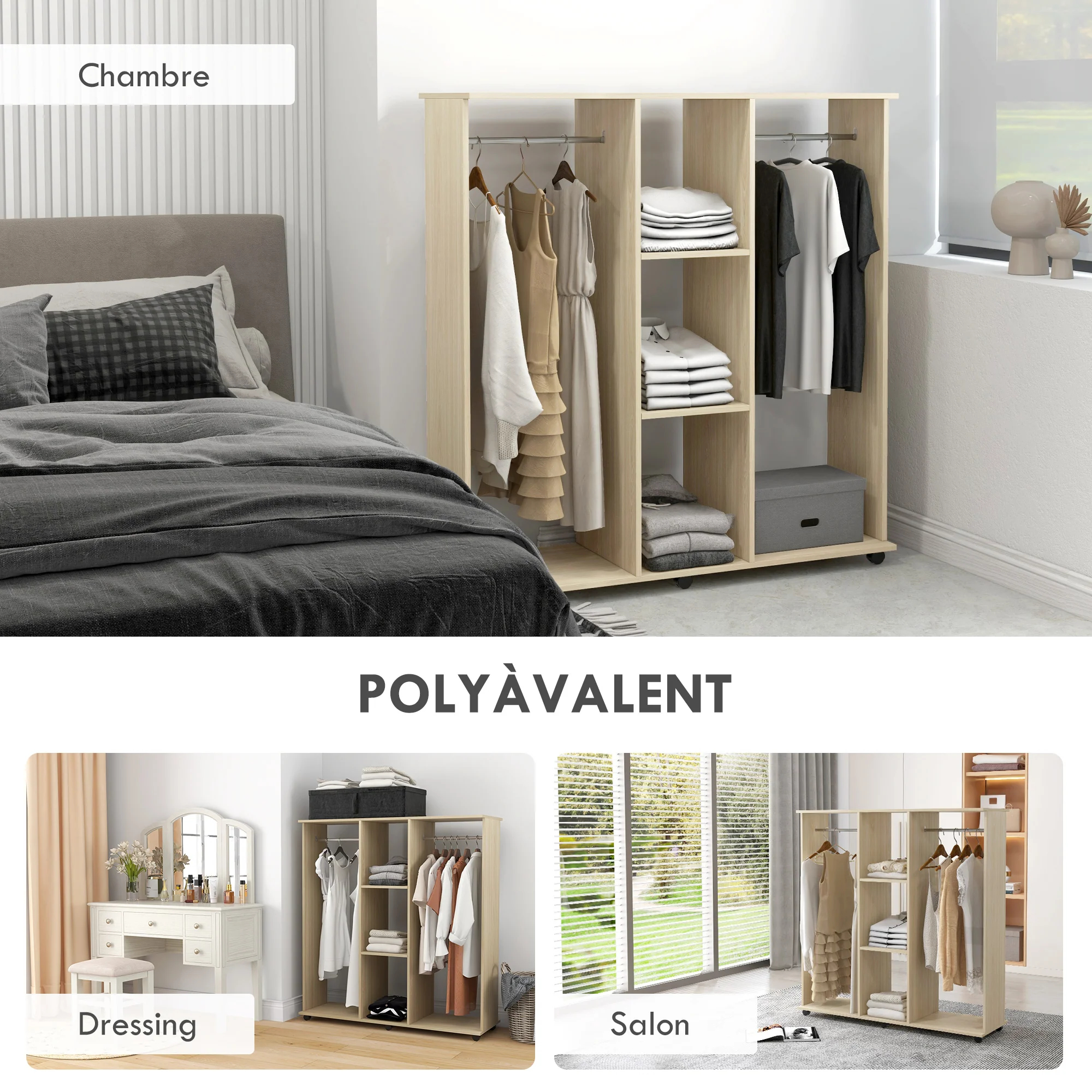 Armoire penderie Meuble de Rangement Mobile 6 roulettes 120L x 40l x 128H cm en bois Naturel - Image 6