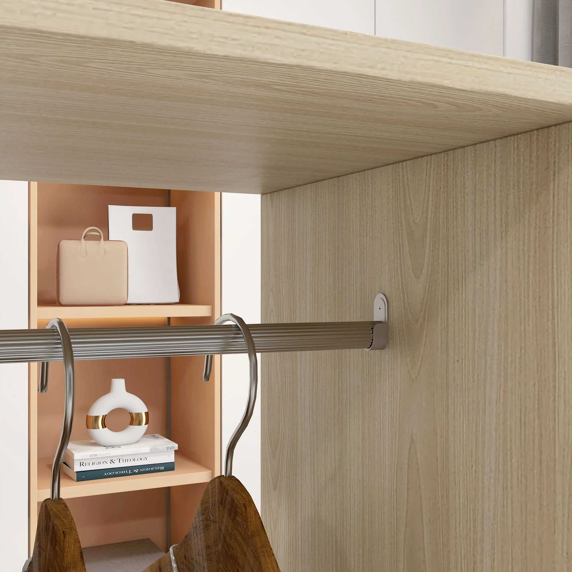 Armoire penderie Meuble de Rangement Mobile 6 roulettes 120L x 40l x 128H cm en bois Naturel - Image 9