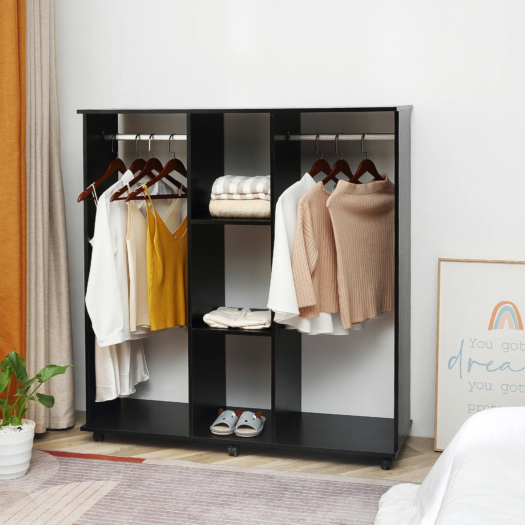 Armoire penderie Meuble de Rangement Mobile 6 roulettes 120L x 40l x 128H cm en bois Noir - Image 3