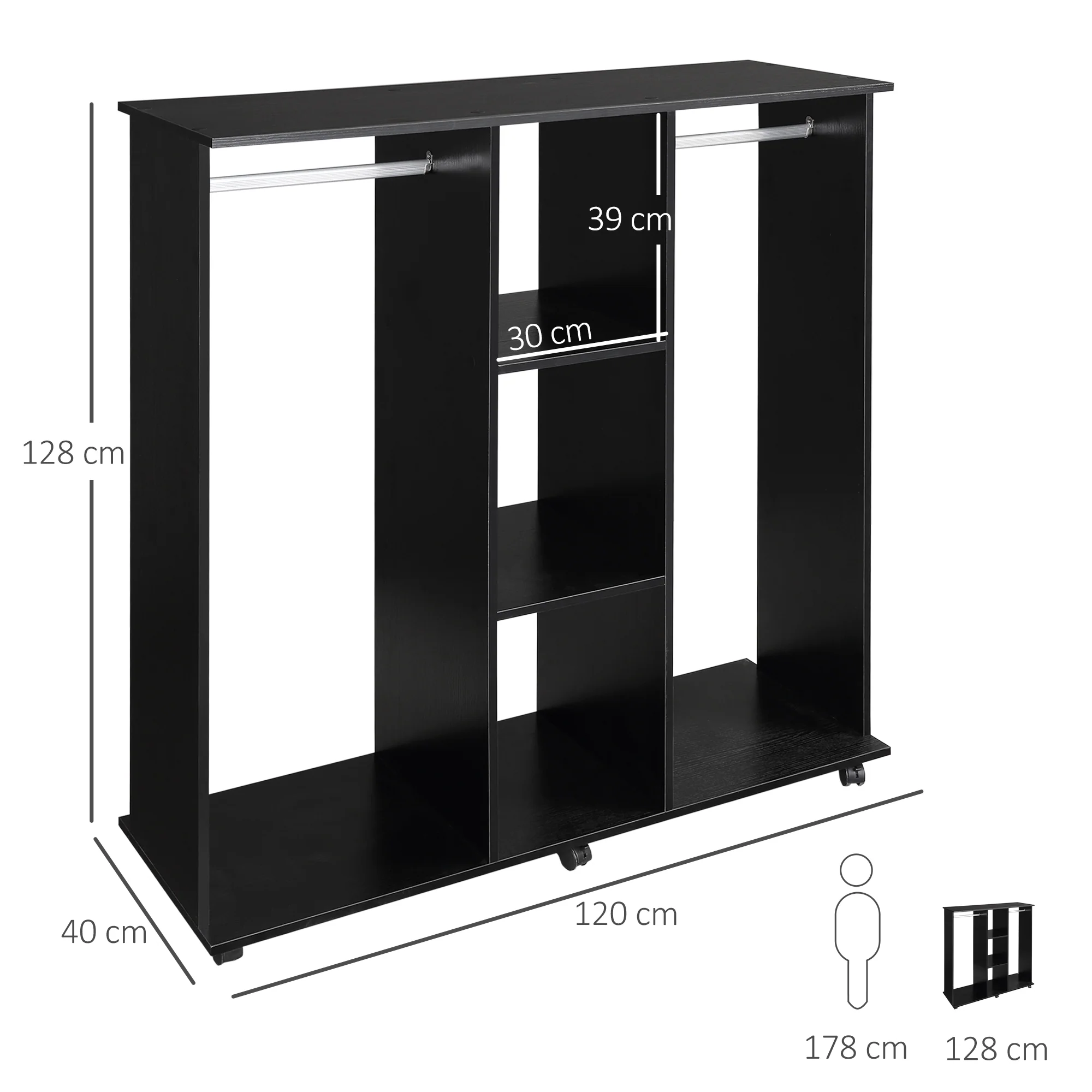 Armoire penderie Meuble de Rangement Mobile 6 roulettes 120L x 40l x 128H cm en bois Noir - Image 4