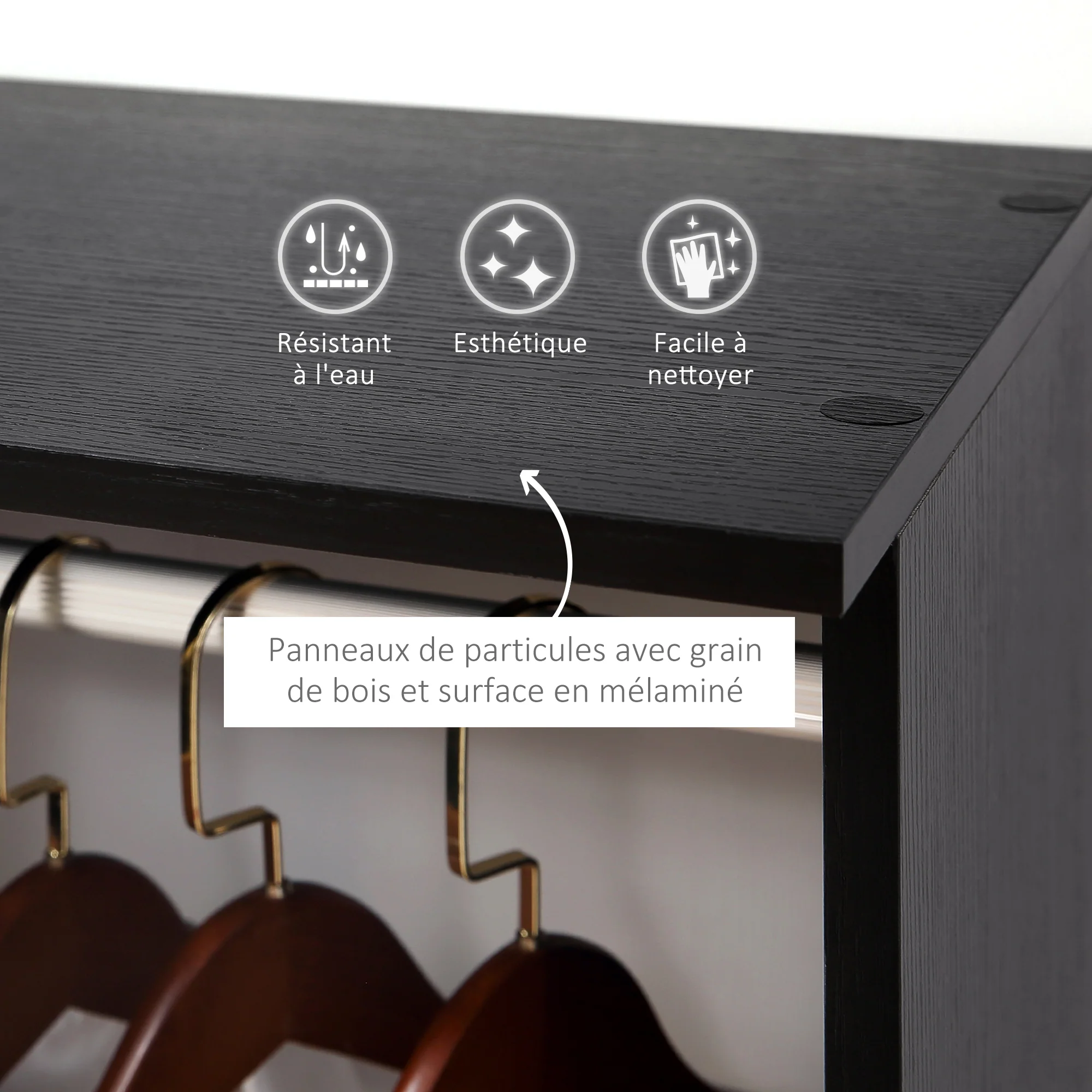Armoire penderie Meuble de Rangement Mobile 6 roulettes 120L x 40l x 128H cm en bois Noir - Image 5