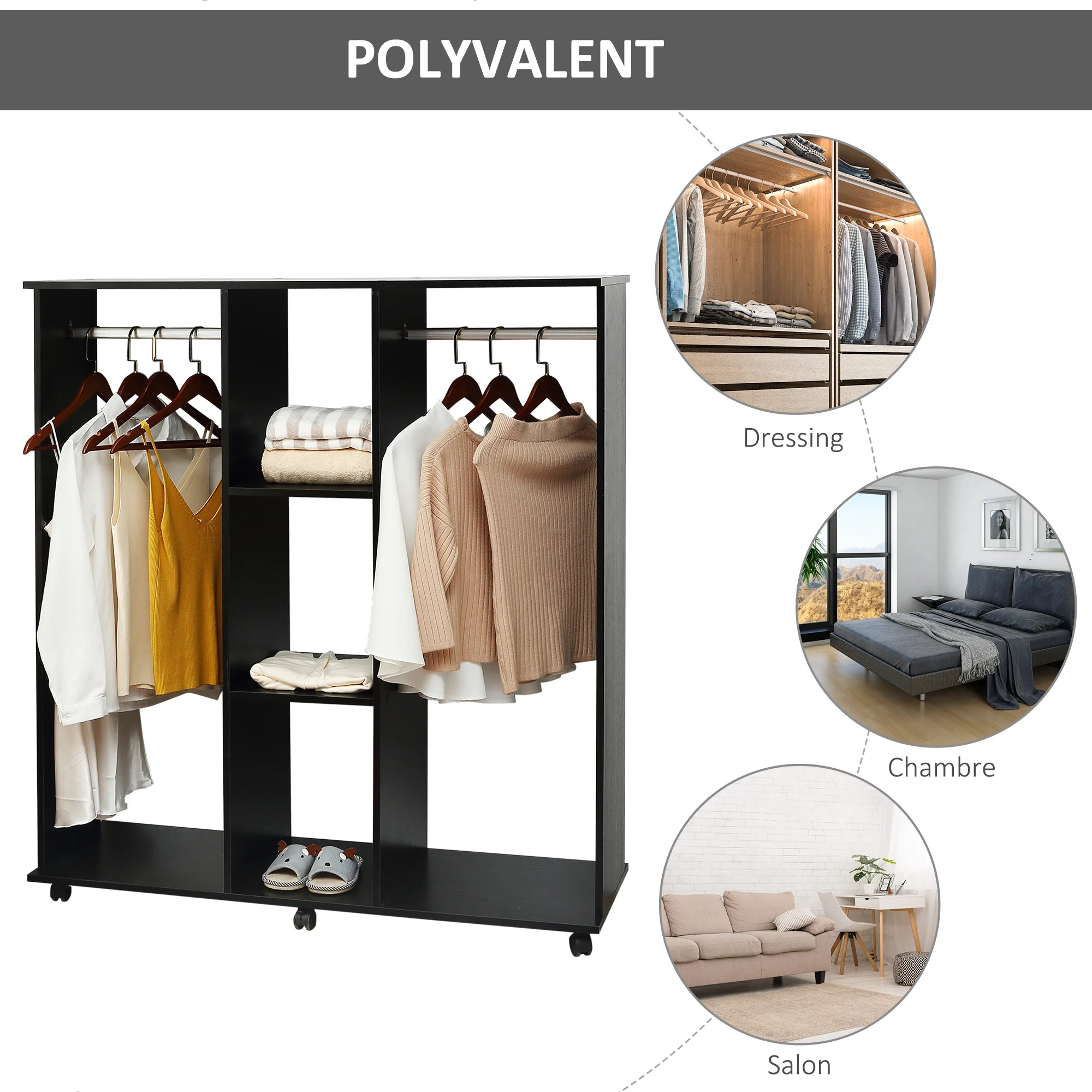 Armoire penderie Meuble de Rangement Mobile 6 roulettes 120L x 40l x 128H cm en bois Noir - Image 6