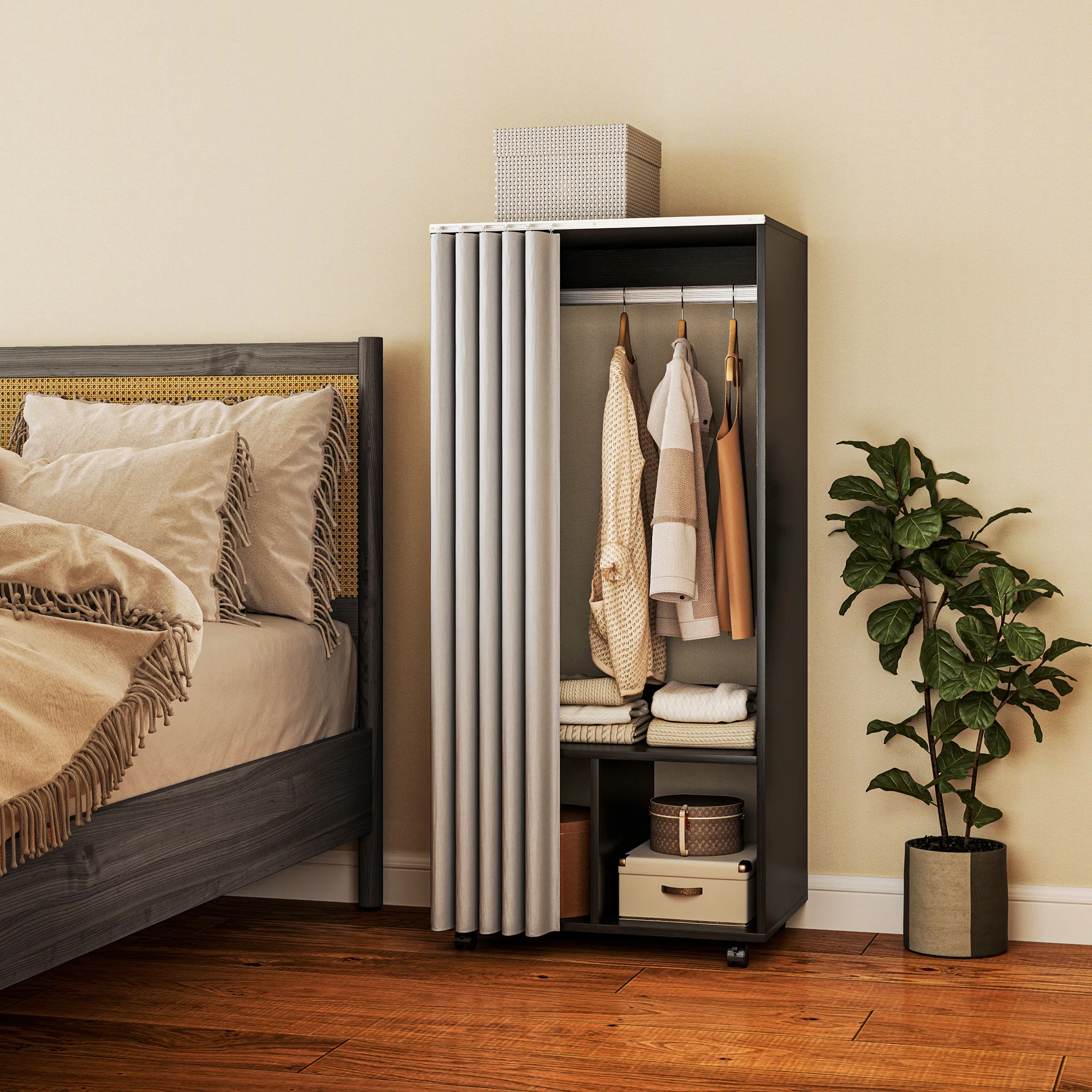 Armoire penderie mobile dressing avec rideau armoire de rangement 4 roulettes avec tringle de suspension et étagères, penderie vêtement roulant pour chambre à coucher, 60 x 40 x 128 cm, noir - Image 3