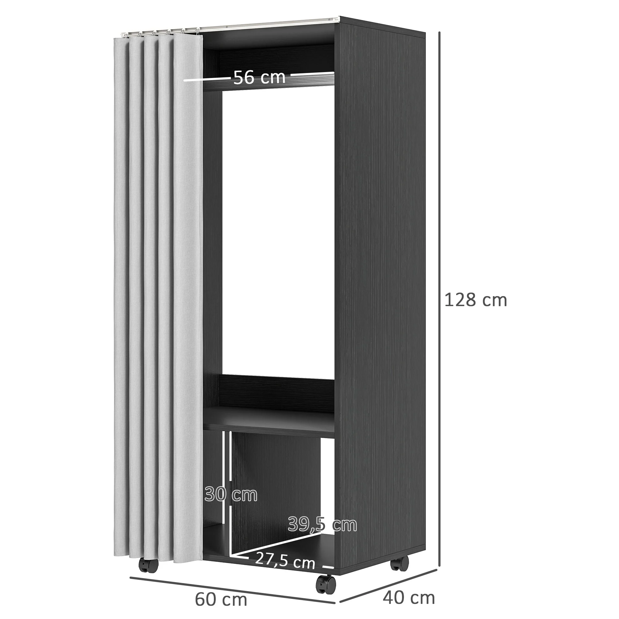 Armoire penderie mobile dressing avec rideau armoire de rangement 4 roulettes avec tringle de suspension et étagères, penderie vêtement roulant pour chambre à coucher, 60 x 40 x 128 cm, noir - Image 4