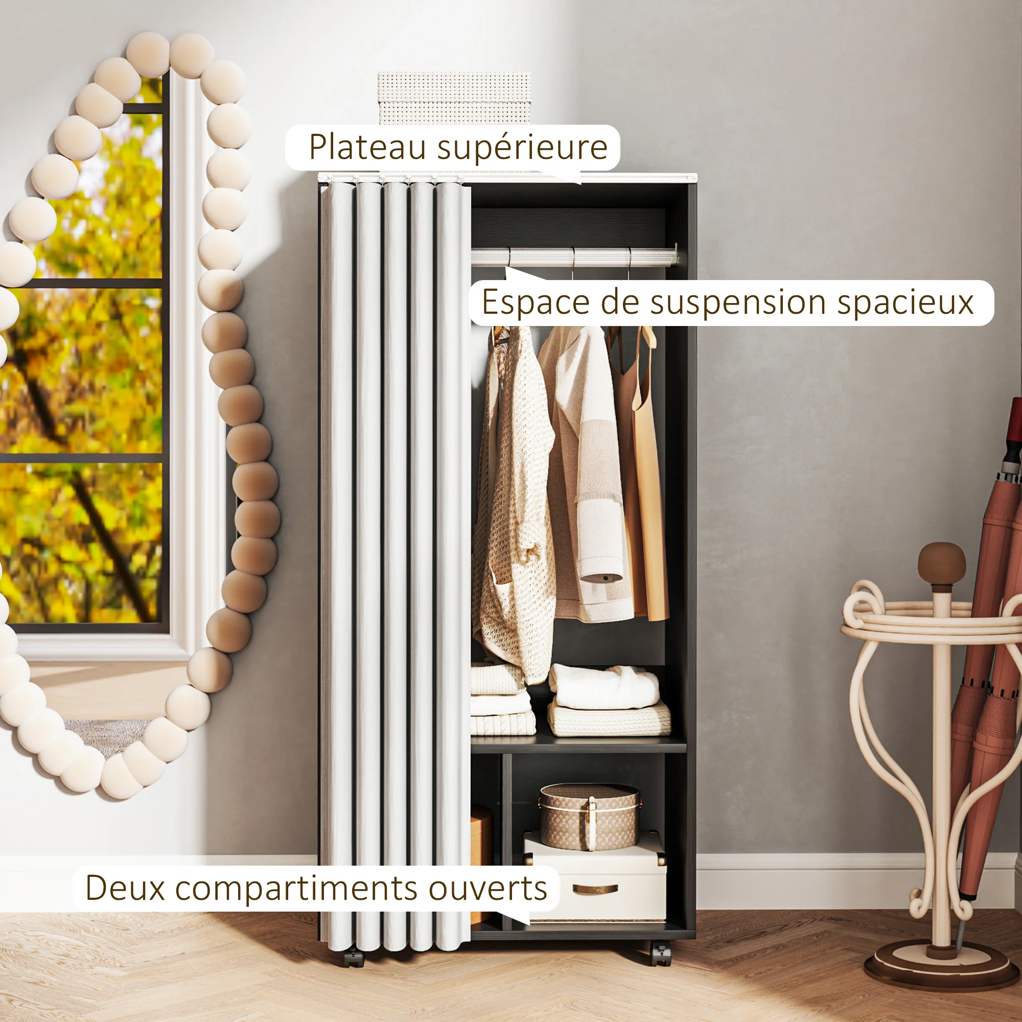 Armoire penderie mobile dressing avec rideau armoire de rangement 4 roulettes avec tringle de suspension et étagères, penderie vêtement roulant pour chambre à coucher, 60 x 40 x 128 cm, noir - Image 5