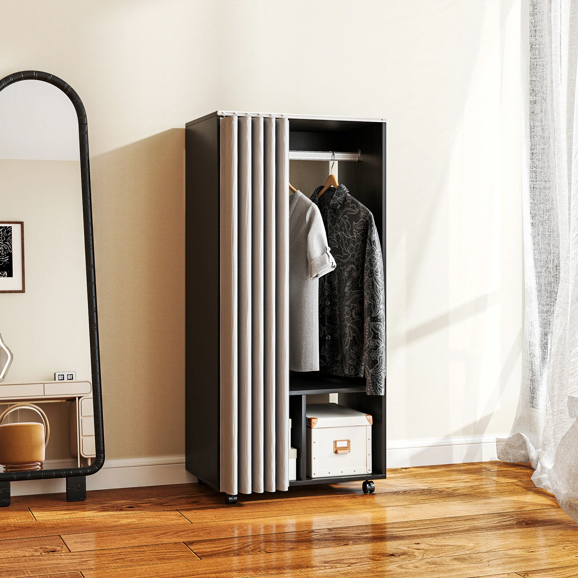 Armoire penderie mobile dressing avec rideau armoire de rangement 4 roulettes avec tringle de suspension et étagères, penderie vêtement roulant pour chambre à coucher, 60 x 40 x 128 cm, noir - Image 8