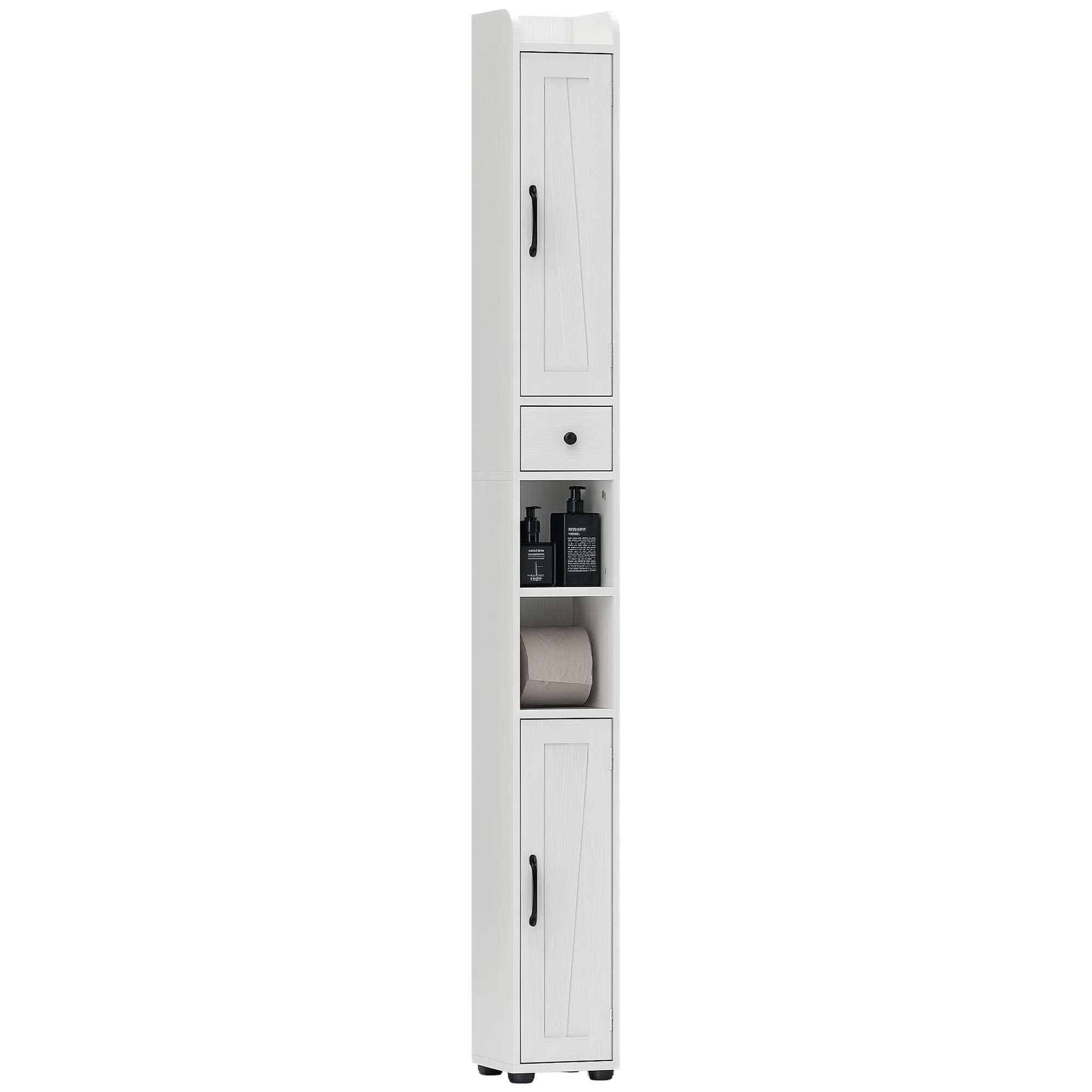 Armoire salle de bain haute, meuble de rangement colonne, 2 portes, tiroir, niches ouvertes, étagères réglables et porte-papier, meuble étroit pour toilette, petits espaces, 20x20x185cm, blanc - Image 11