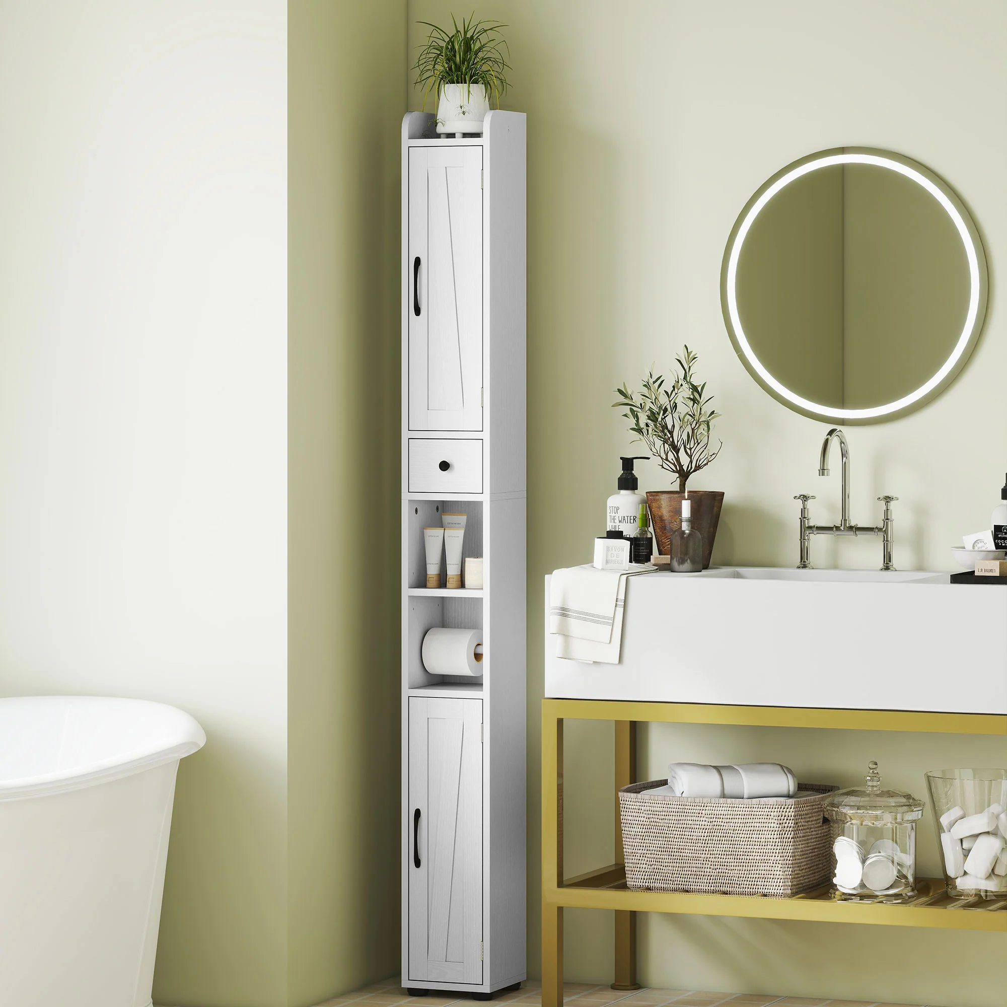 Armoire salle de bain haute, meuble de rangement colonne, 2 portes, tiroir, niches ouvertes, étagères réglables et porte-papier, meuble étroit pour toilette, petits espaces, 20x20x185cm, blanc - Image 3