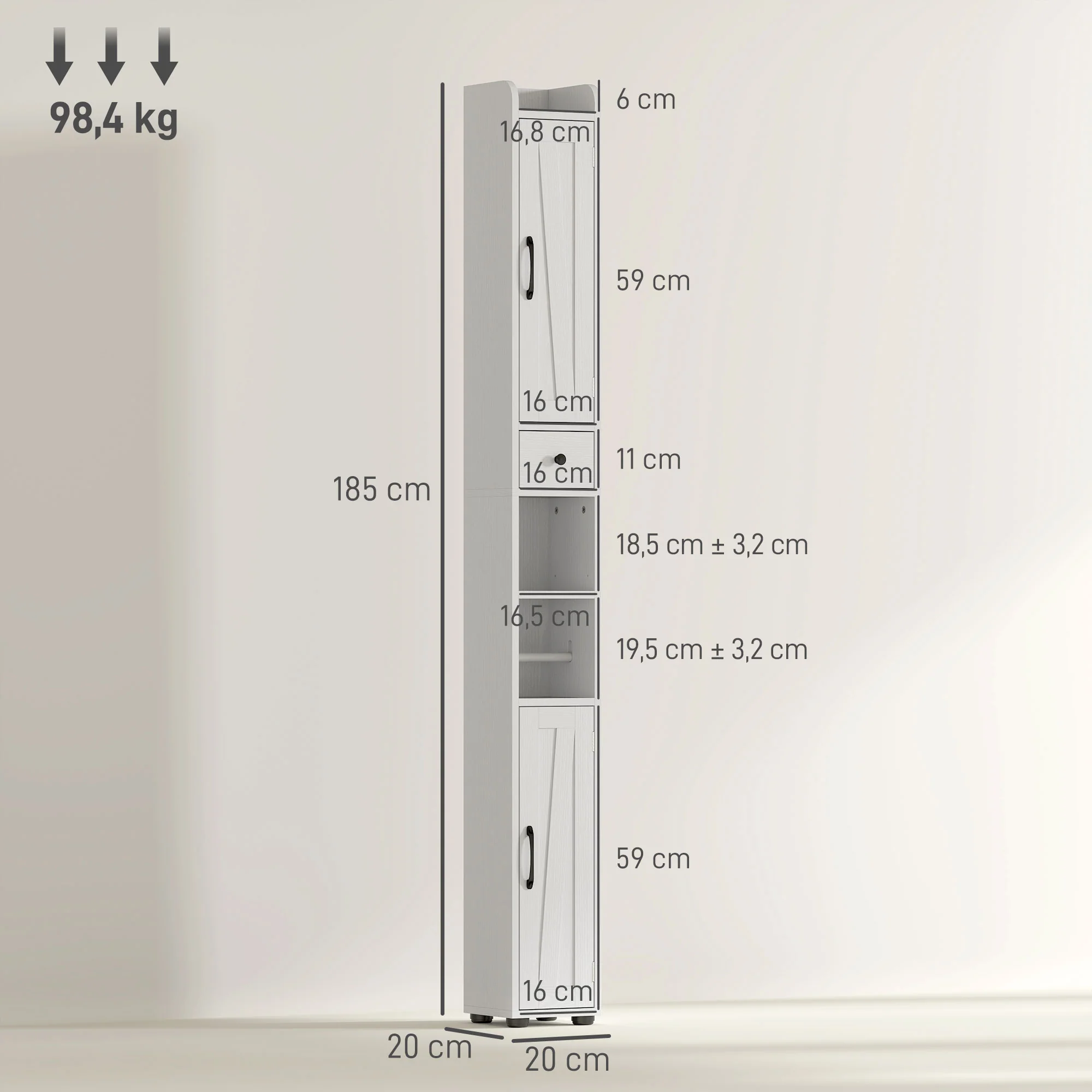 Armoire salle de bain haute, meuble de rangement colonne, 2 portes, tiroir, niches ouvertes, étagères réglables et porte-papier, meuble étroit pour toilette, petits espaces, 20x20x185cm, blanc - Image 4