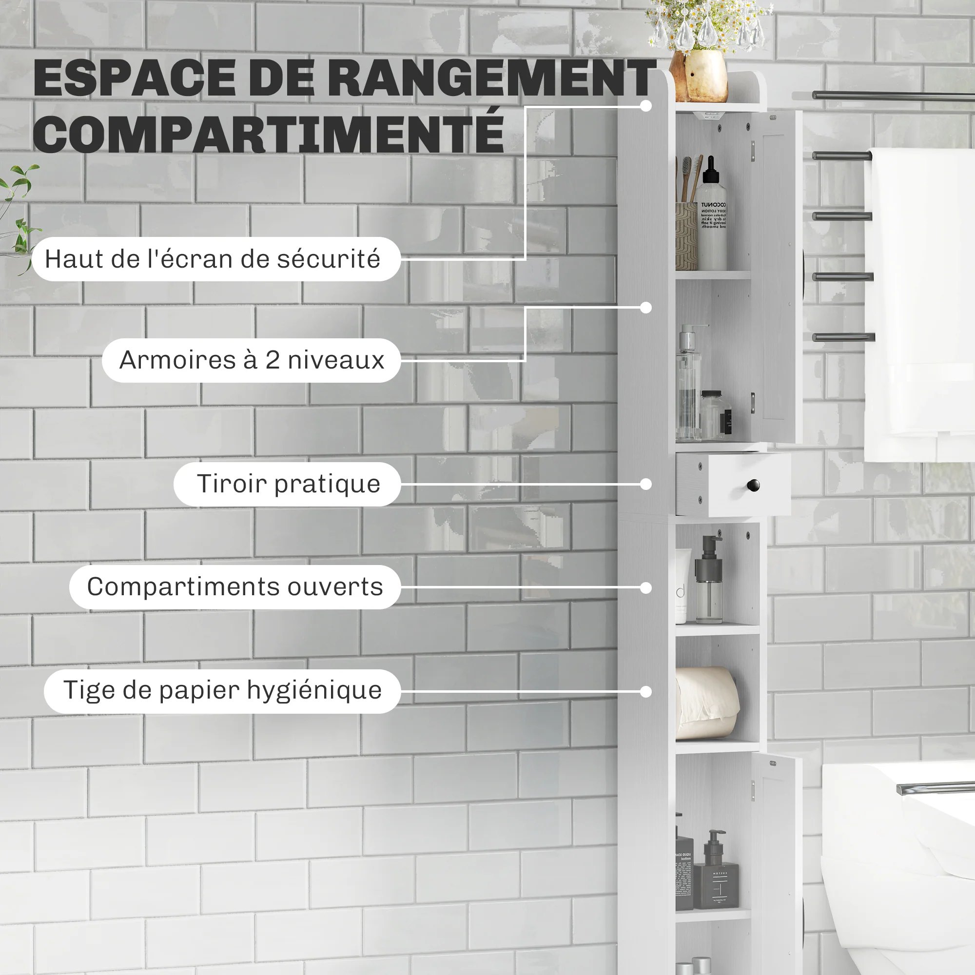 Armoire salle de bain haute, meuble de rangement colonne, 2 portes, tiroir, niches ouvertes, étagères réglables et porte-papier, meuble étroit pour toilette, petits espaces, 20x20x185cm, blanc - Image 5