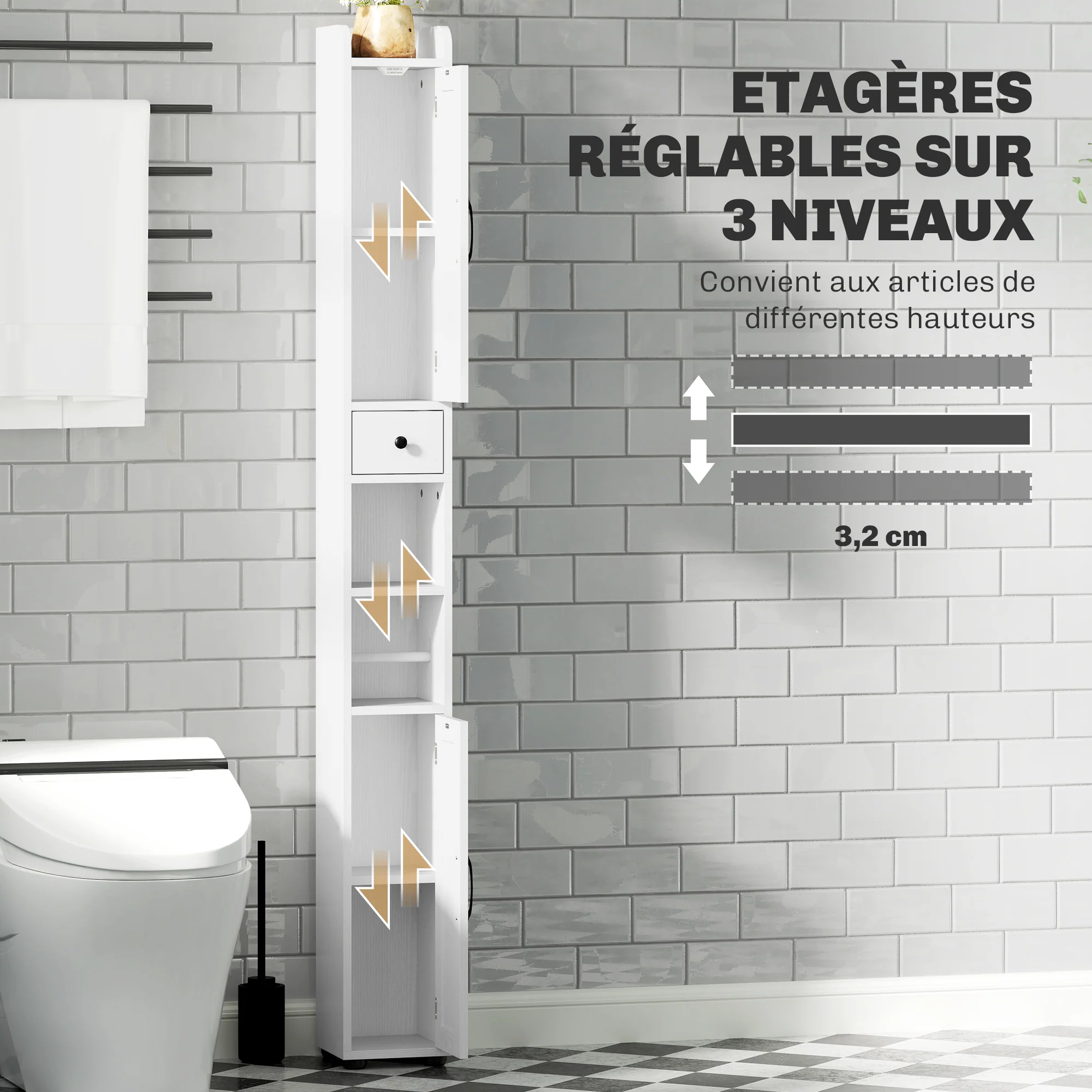 Armoire salle de bain haute, meuble de rangement colonne, 2 portes, tiroir, niches ouvertes, étagères réglables et porte-papier, meuble étroit pour toilette, petits espaces, 20x20x185cm, blanc - Image 6
