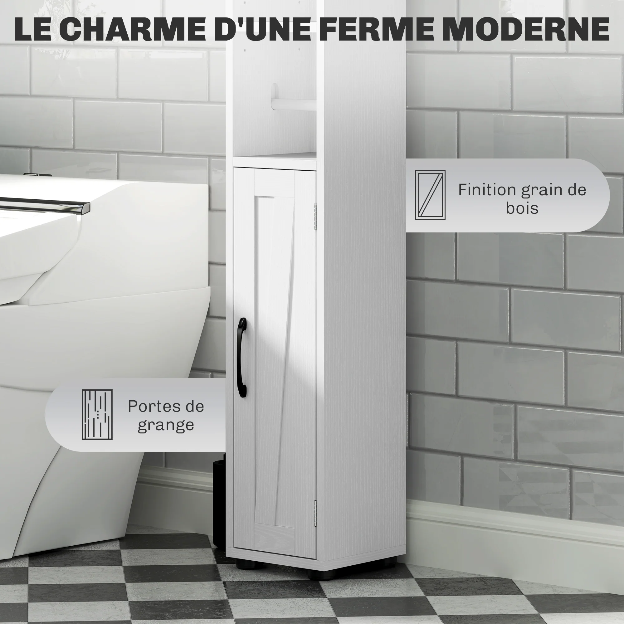 Armoire salle de bain haute, meuble de rangement colonne, 2 portes, tiroir, niches ouvertes, étagères réglables et porte-papier, meuble étroit pour toilette, petits espaces, 20x20x185cm, blanc - Image 7