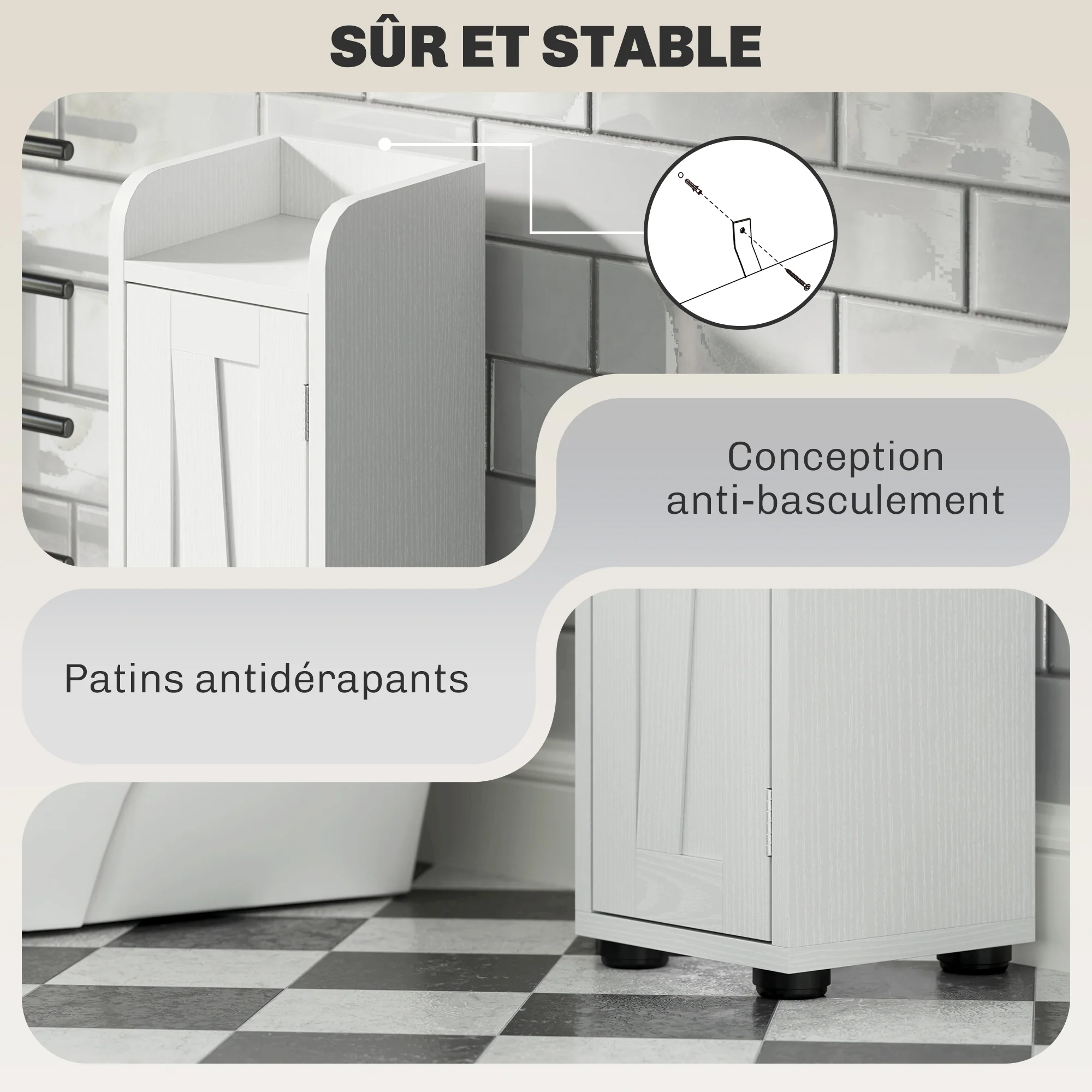Armoire salle de bain haute, meuble de rangement colonne, 2 portes, tiroir, niches ouvertes, étagères réglables et porte-papier, meuble étroit pour toilette, petits espaces, 20x20x185cm, blanc - Image 8
