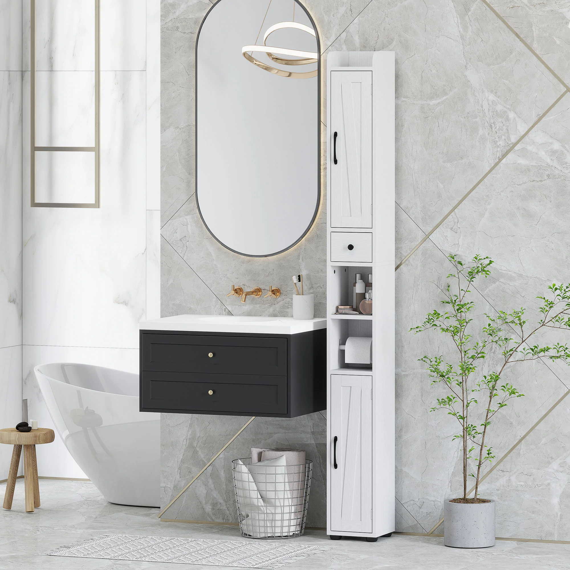 Armoire salle de bain haute, meuble de rangement colonne, 2 portes, tiroir, niches ouvertes, étagères réglables et porte-papier, meuble étroit pour toilette, petits espaces, 20x20x185cm, blanc - Image 9