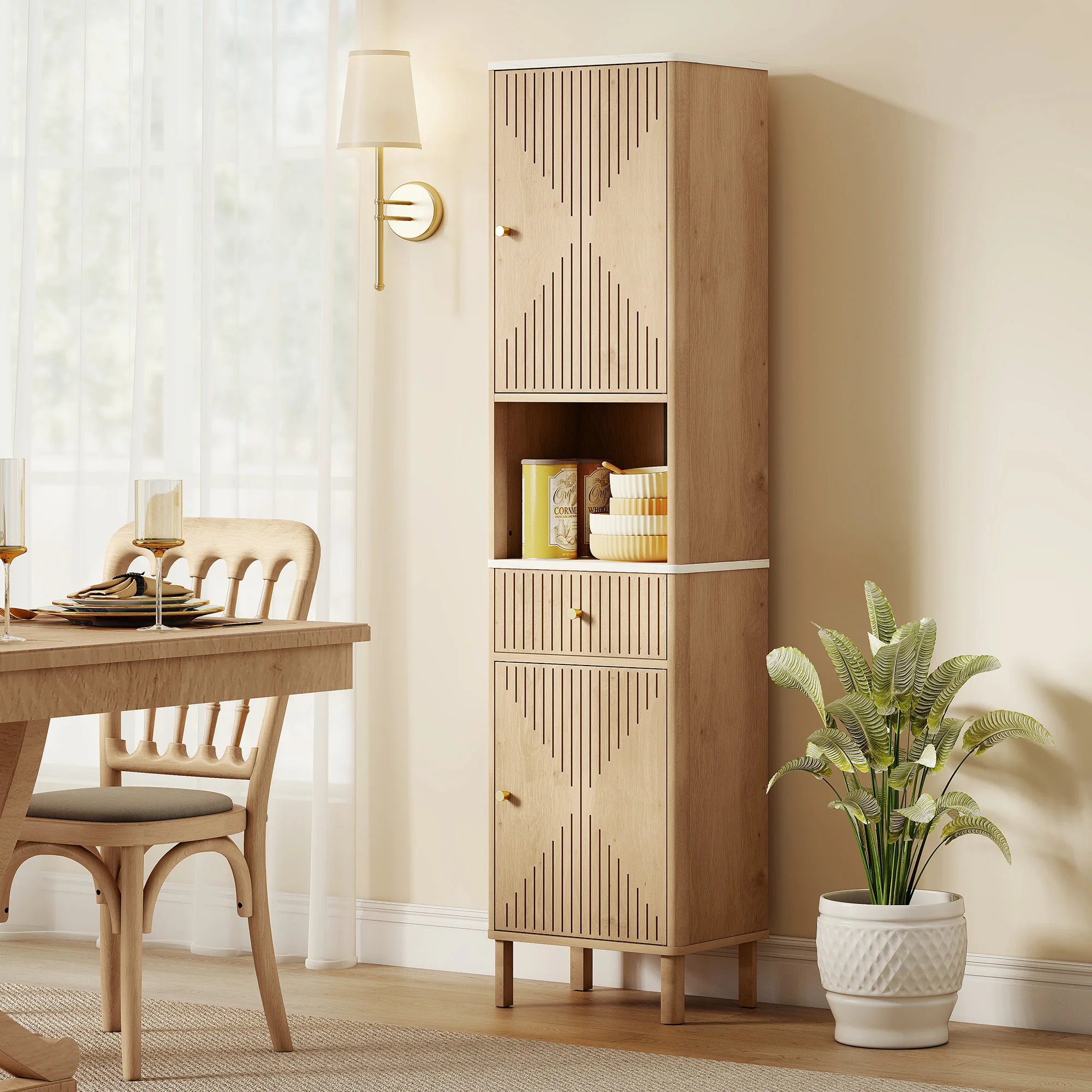 Armoire salle de bain haute, meuble de rangement colonne avec tiroir coulissant silencieux, étagères réglables, 2 placards, meuble étroit pour petits espaces, 41,5x30x168cm, chêne - Image 10