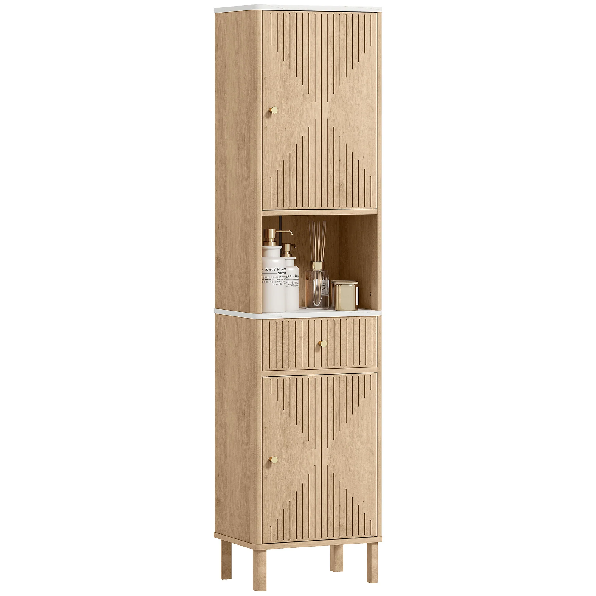 Armoire salle de bain haute, meuble de rangement colonne avec tiroir coulissant silencieux, étagères réglables, 2 placards, meuble étroit pour petits espaces, 41,5x30x168cm, chêne - Image 11