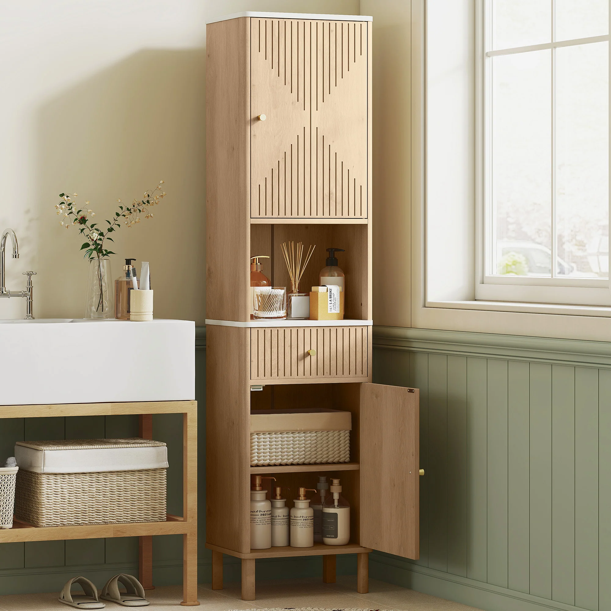 Armoire salle de bain haute, meuble de rangement colonne avec tiroir coulissant silencieux, étagères réglables, 2 placards, meuble étroit pour petits espaces, 41,5x30x168cm, chêne - Image 3