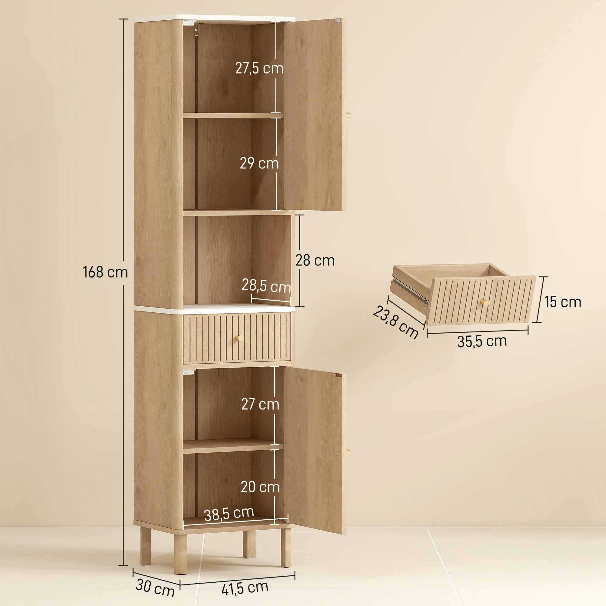 Armoire salle de bain haute, meuble de rangement colonne avec tiroir coulissant silencieux, étagères réglables, 2 placards, meuble étroit pour petits espaces, 41,5x30x168cm, chêne - Image 4