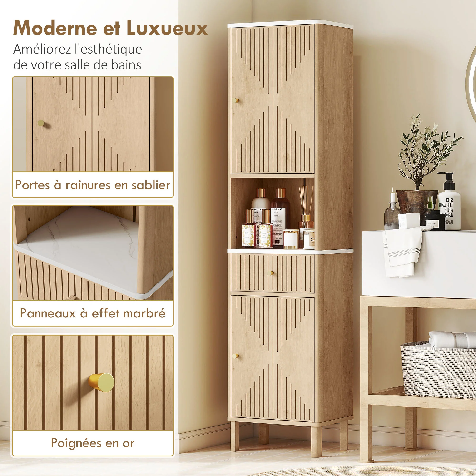 Armoire salle de bain haute, meuble de rangement colonne avec tiroir coulissant silencieux, étagères réglables, 2 placards, meuble étroit pour petits espaces, 41,5x30x168cm, chêne - Image 5