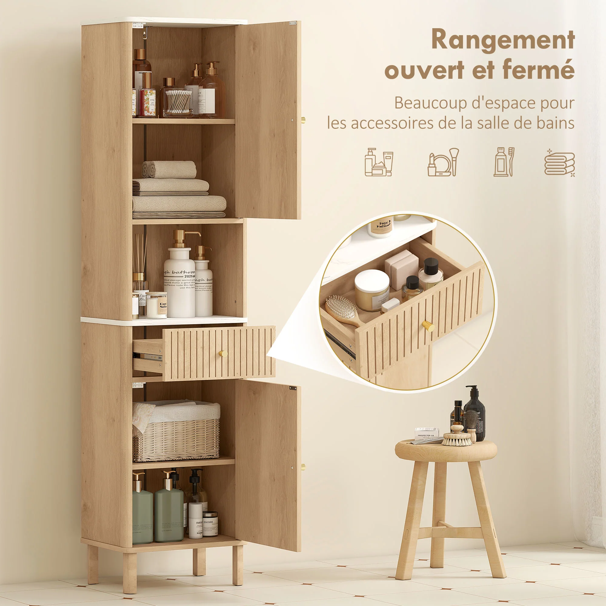 Armoire salle de bain haute, meuble de rangement colonne avec tiroir coulissant silencieux, étagères réglables, 2 placards, meuble étroit pour petits espaces, 41,5x30x168cm, chêne - Image 6
