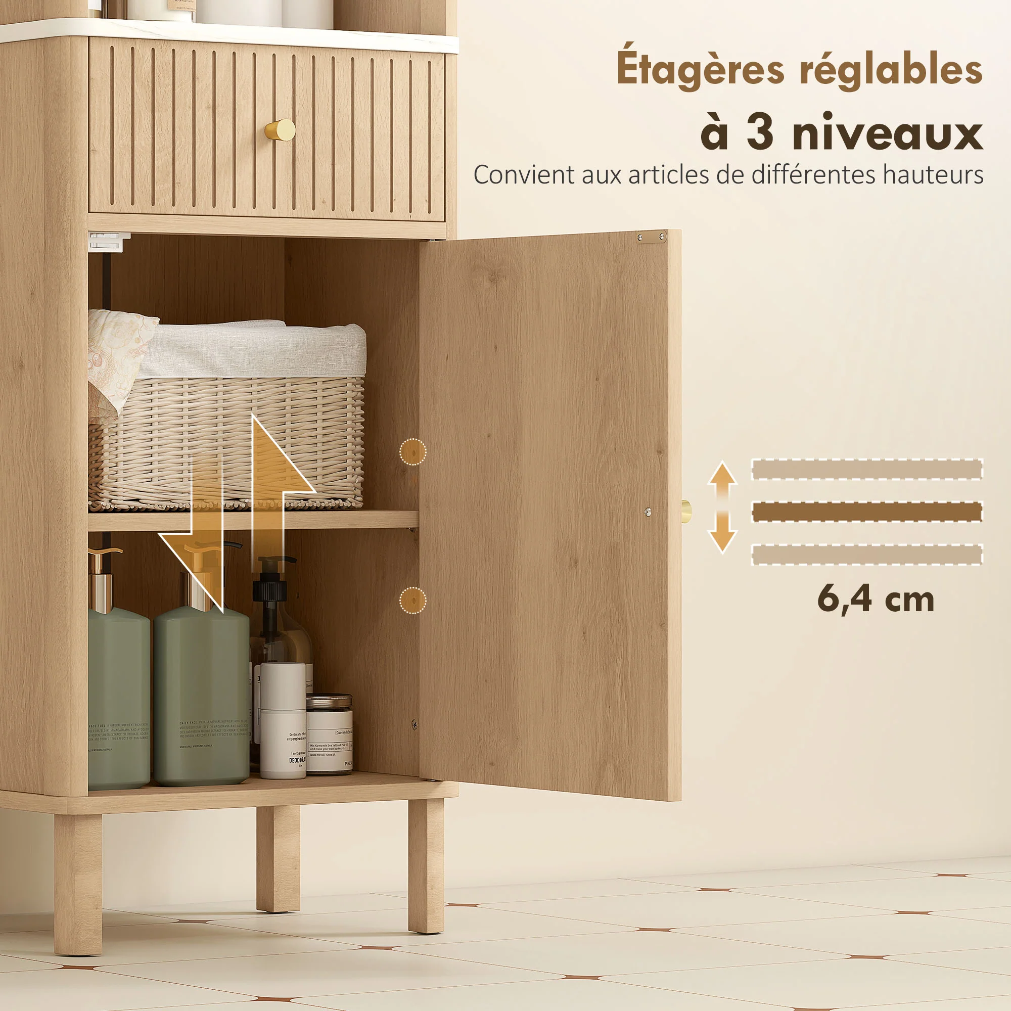 Armoire salle de bain haute, meuble de rangement colonne avec tiroir coulissant silencieux, étagères réglables, 2 placards, meuble étroit pour petits espaces, 41,5x30x168cm, chêne - Image 7