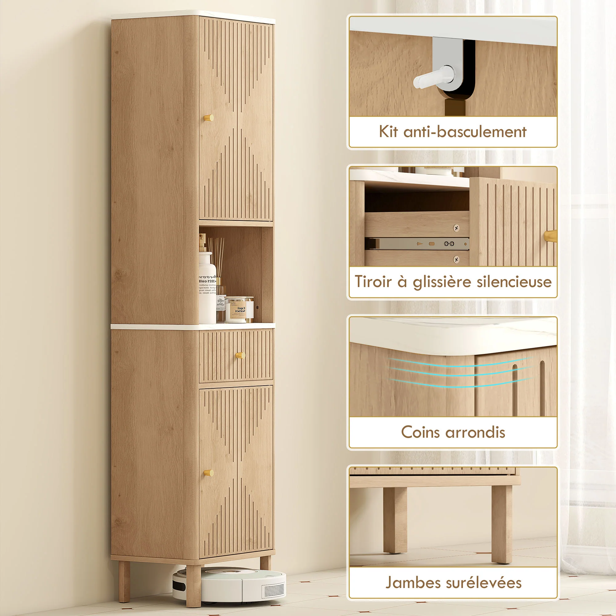 Armoire salle de bain haute, meuble de rangement colonne avec tiroir coulissant silencieux, étagères réglables, 2 placards, meuble étroit pour petits espaces, 41,5x30x168cm, chêne - Image 8