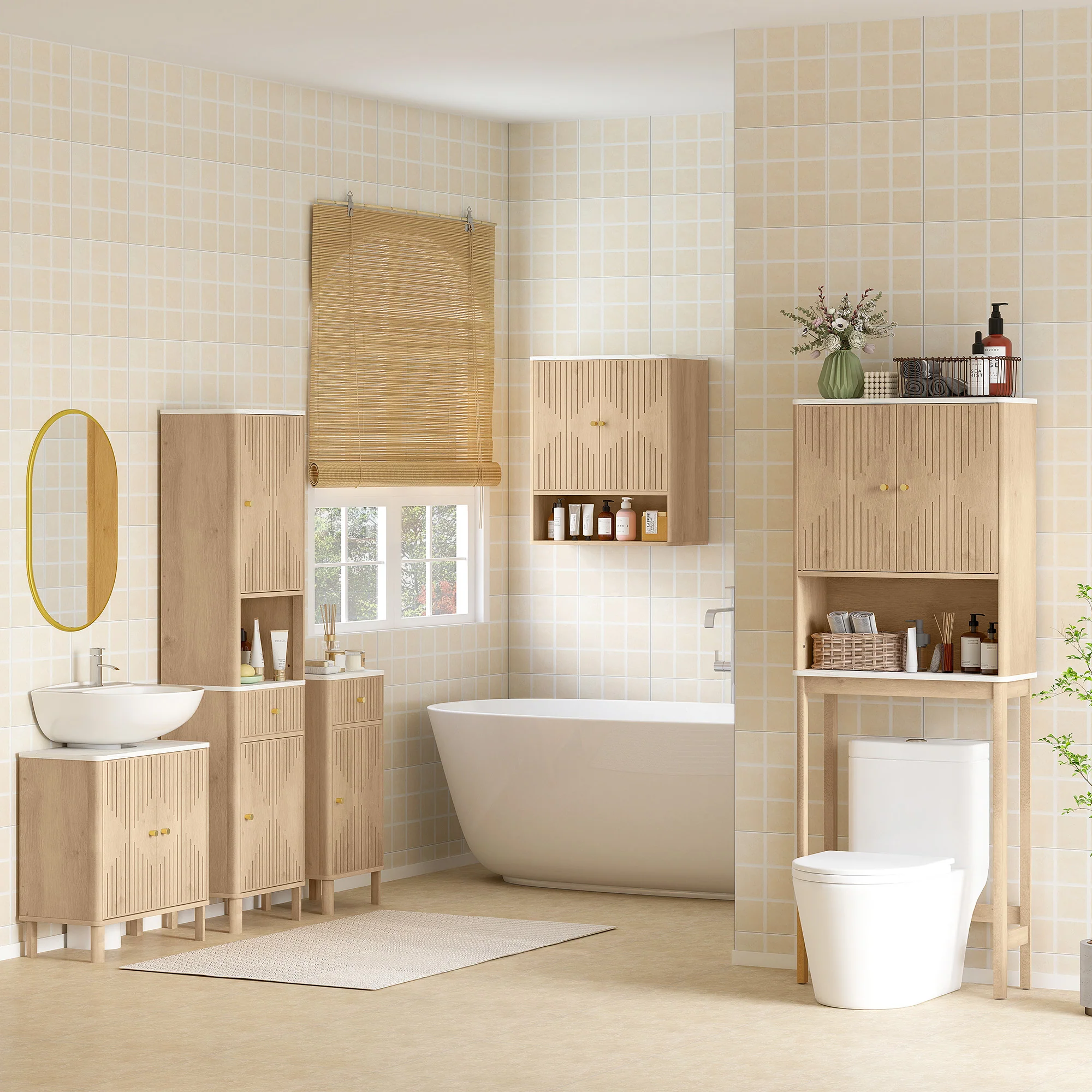 Armoire salle de bain haute, meuble de rangement colonne avec tiroir coulissant silencieux, étagères réglables, 2 placards, meuble étroit pour petits espaces, 41,5x30x168cm, chêne - Image 9