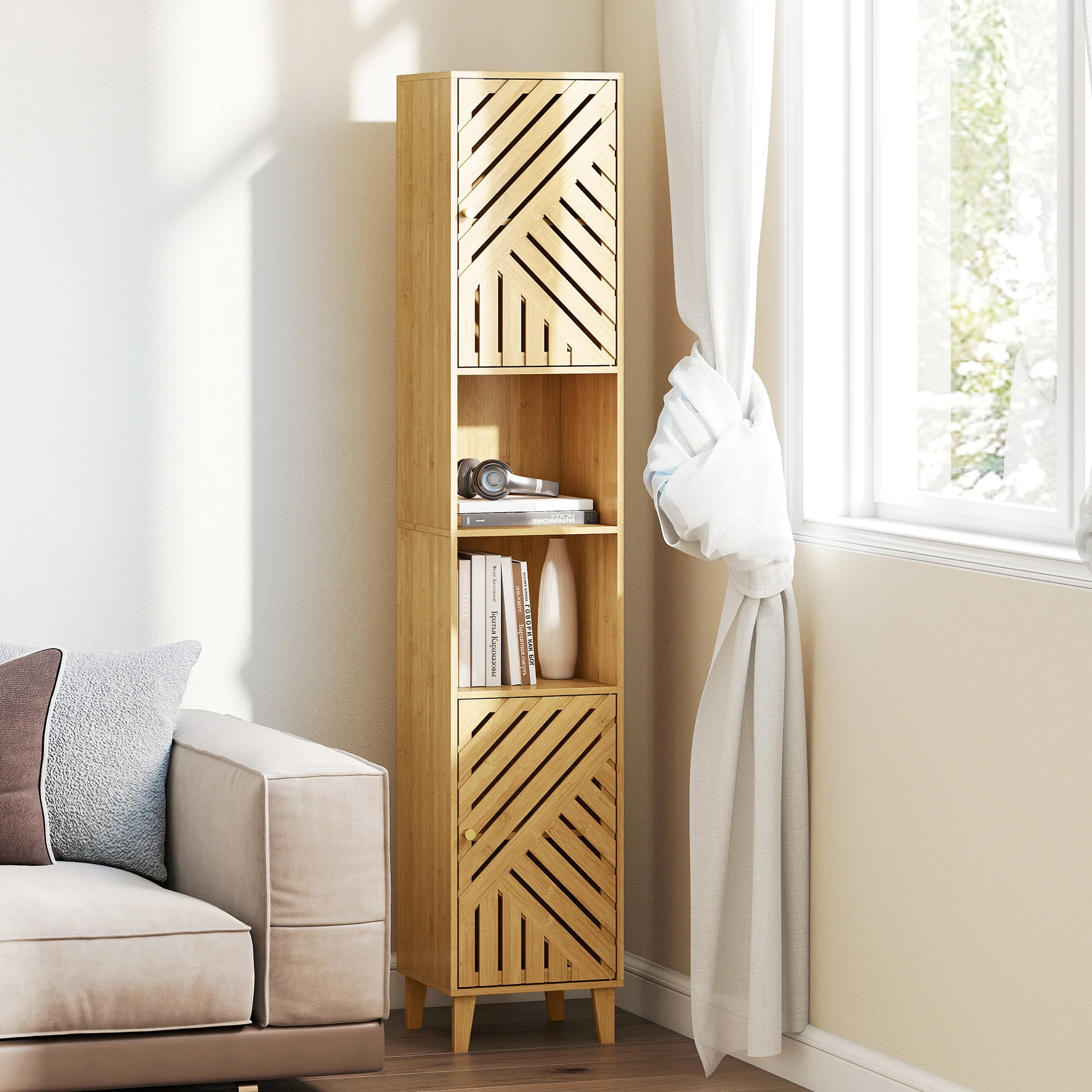 Armoire salle de bain haute, meuble de rangement colonne, portes et pieds en bambou, niches ouvertes, étagères réglables, meuble étroit pour toilette, petits espaces, 32x30x170cm, bois naturel - Image 10