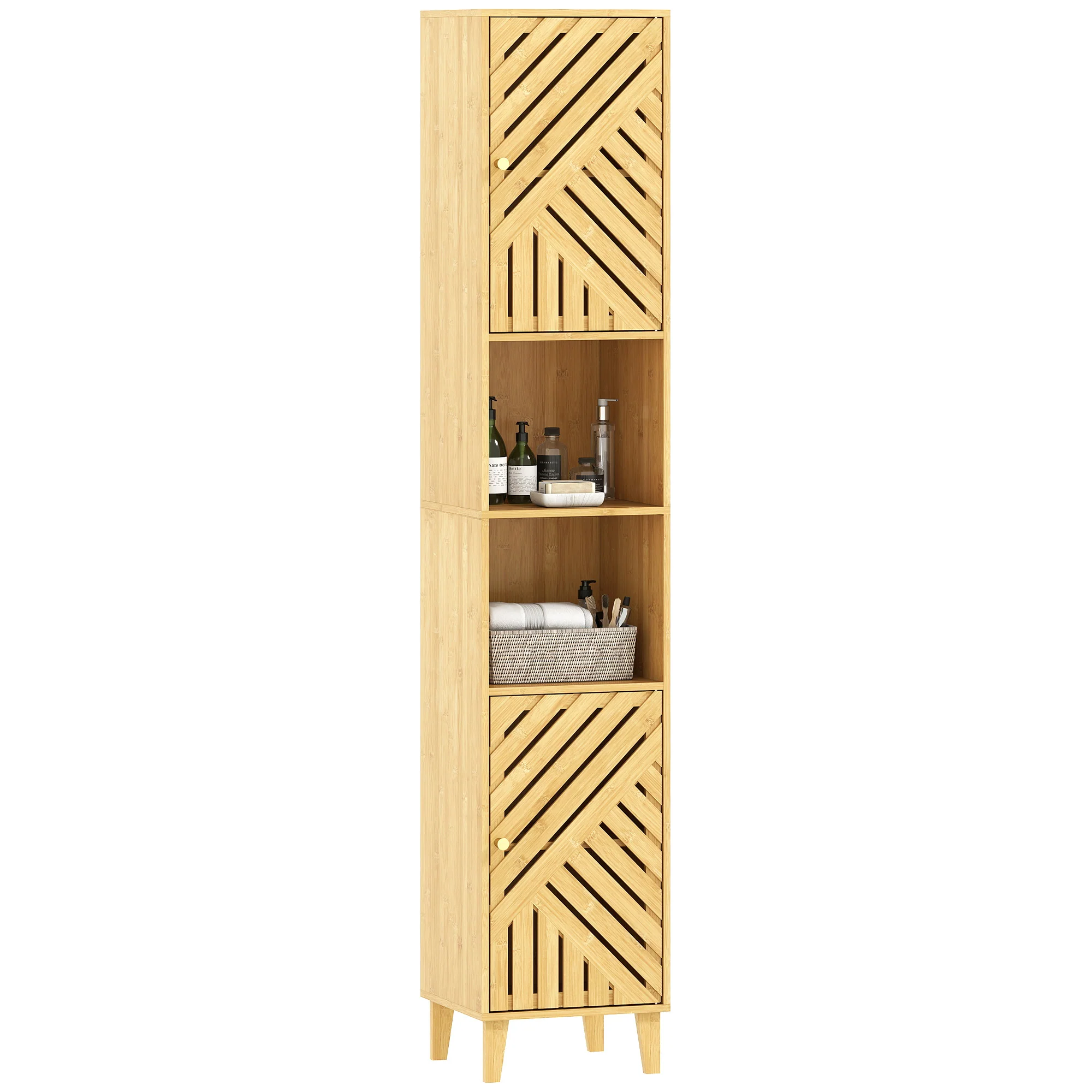 Armoire salle de bain haute, meuble de rangement colonne, portes et pieds en bambou, niches ouvertes, étagères réglables, meuble étroit pour toilette, petits espaces, 32x30x170cm, bois naturel - Image 11