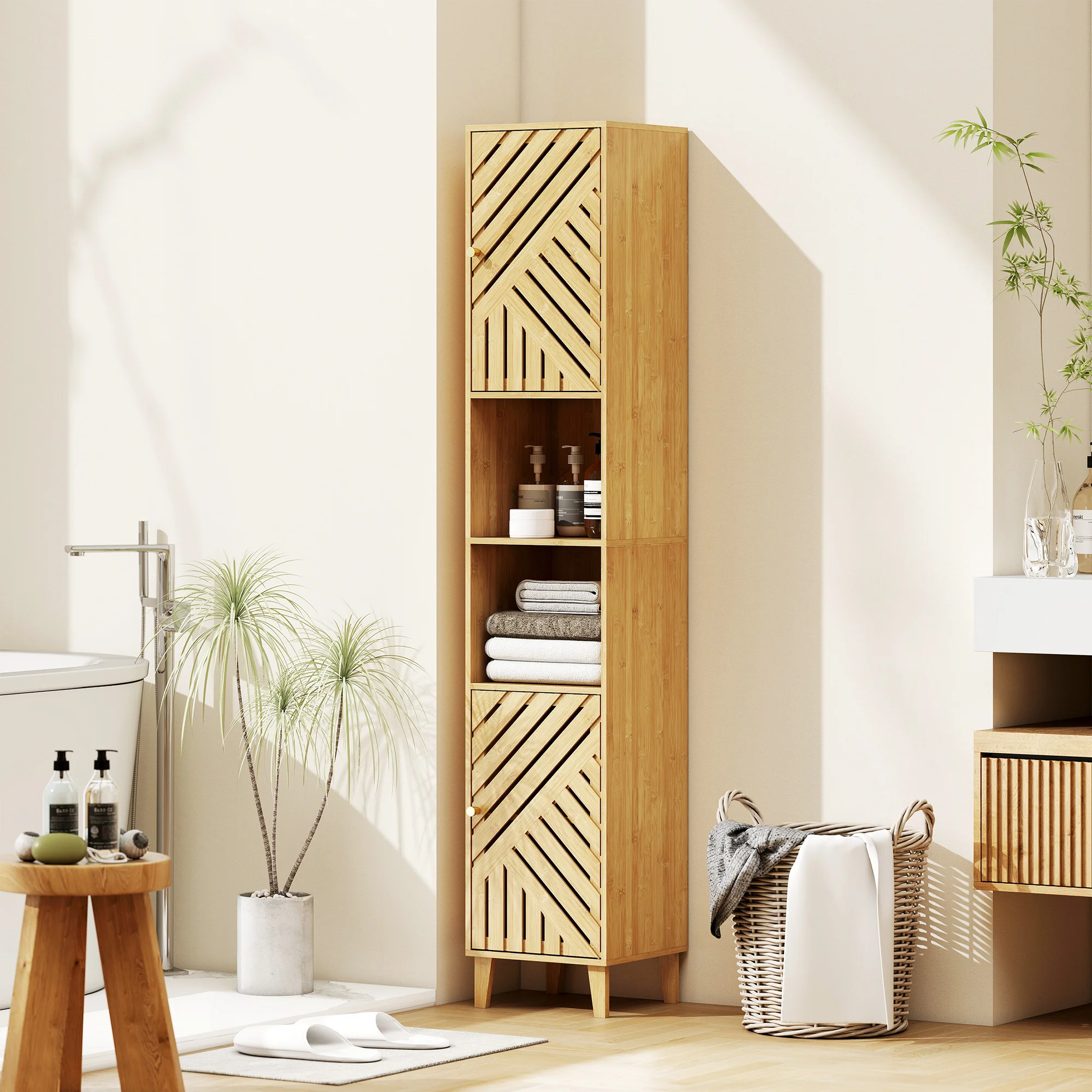Armoire salle de bain haute, meuble de rangement colonne, portes et pieds en bambou, niches ouvertes, étagères réglables, meuble étroit pour toilette, petits espaces, 32x30x170cm, bois naturel - Image 3