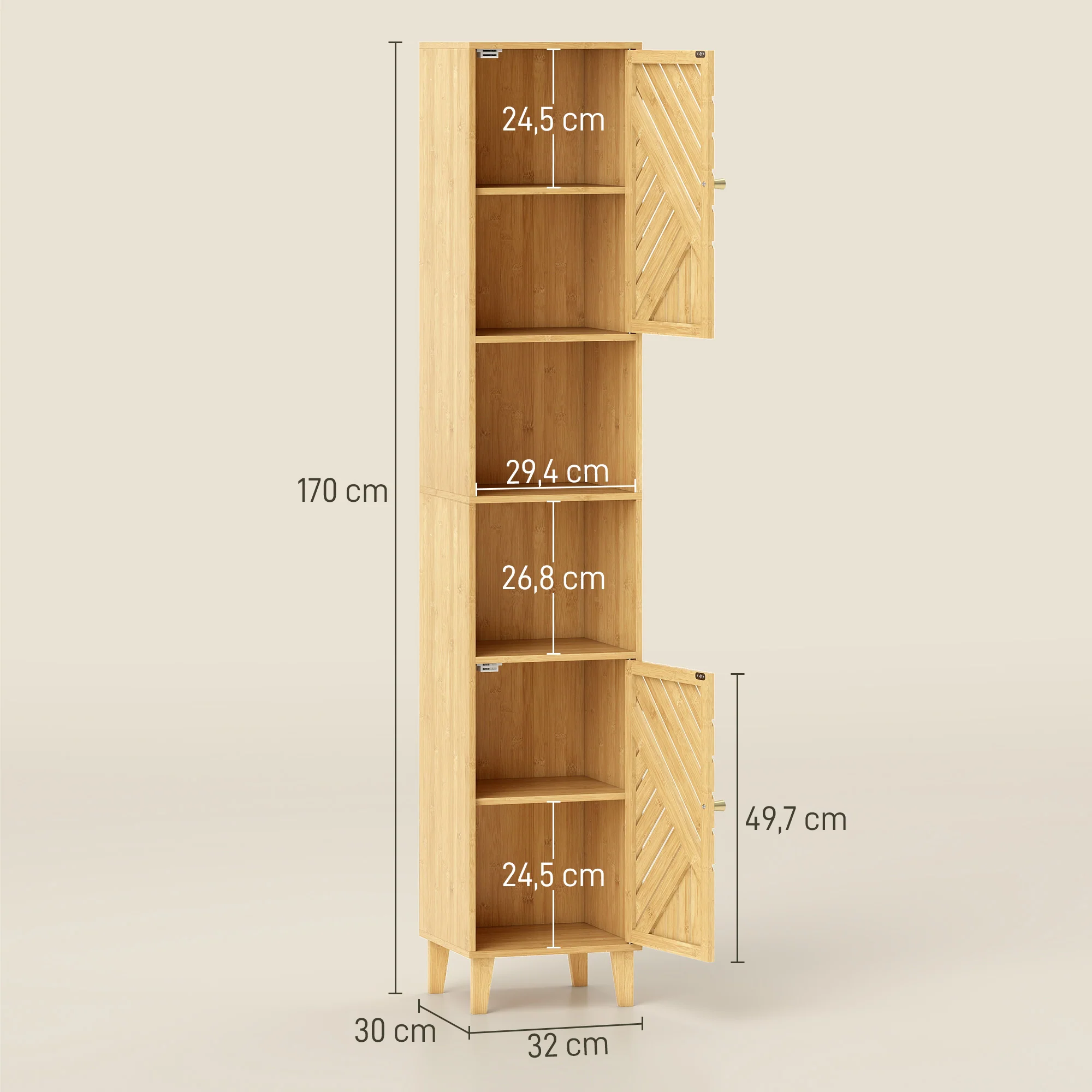 Armoire salle de bain haute, meuble de rangement colonne, portes et pieds en bambou, niches ouvertes, étagères réglables, meuble étroit pour toilette, petits espaces, 32x30x170cm, bois naturel - Image 4