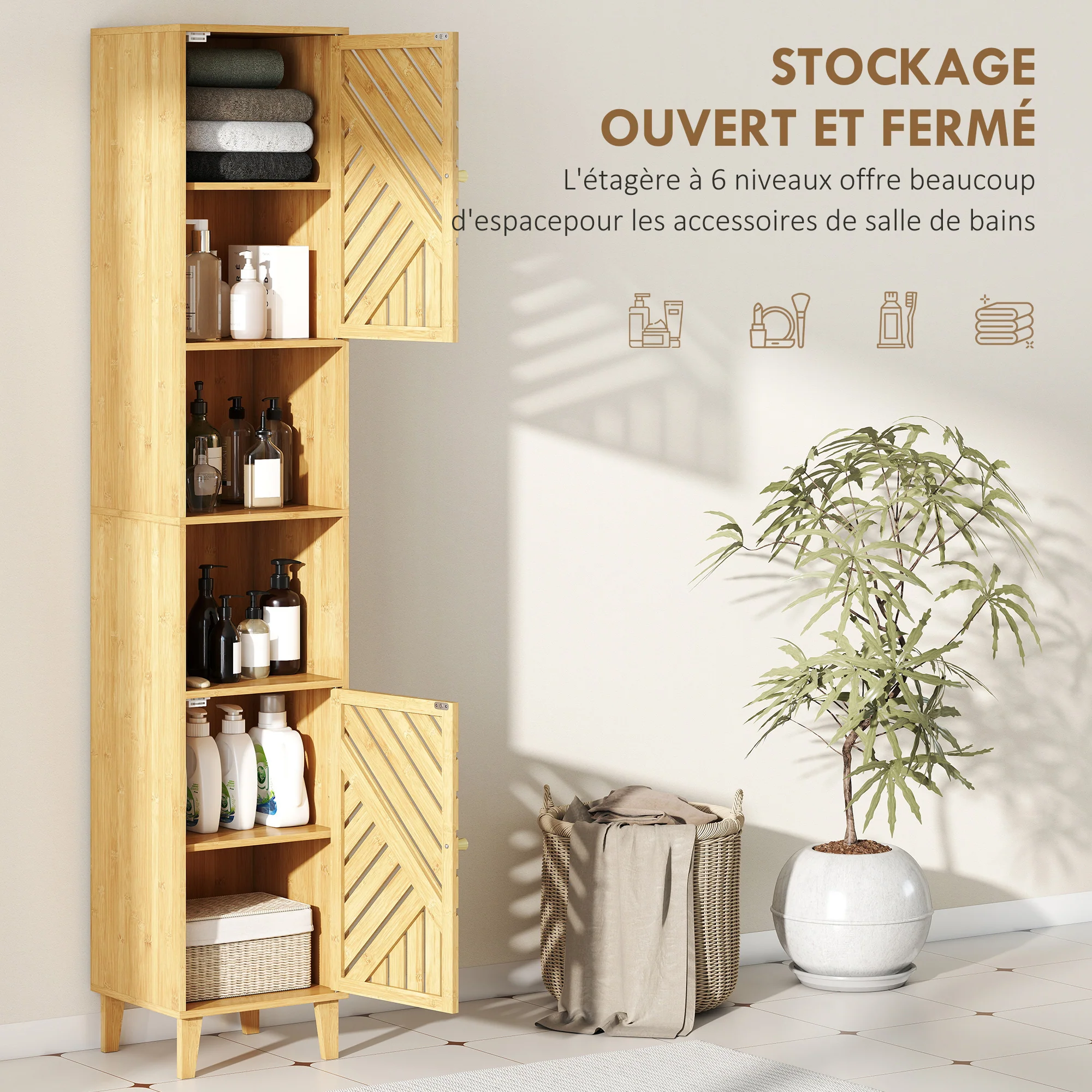 Armoire salle de bain haute, meuble de rangement colonne, portes et pieds en bambou, niches ouvertes, étagères réglables, meuble étroit pour toilette, petits espaces, 32x30x170cm, bois naturel - Image 5