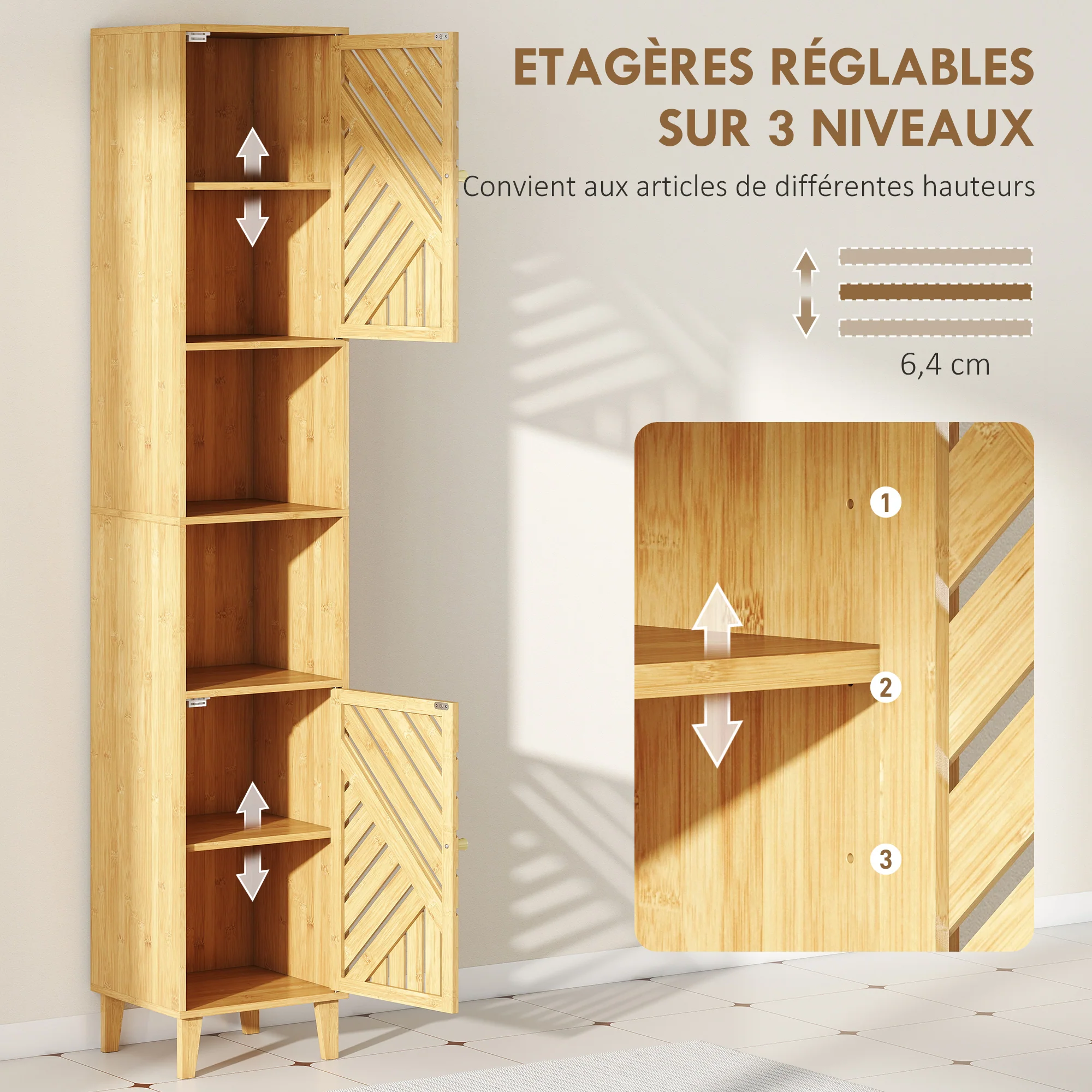 Armoire salle de bain haute, meuble de rangement colonne, portes et pieds en bambou, niches ouvertes, étagères réglables, meuble étroit pour toilette, petits espaces, 32x30x170cm, bois naturel - Image 6