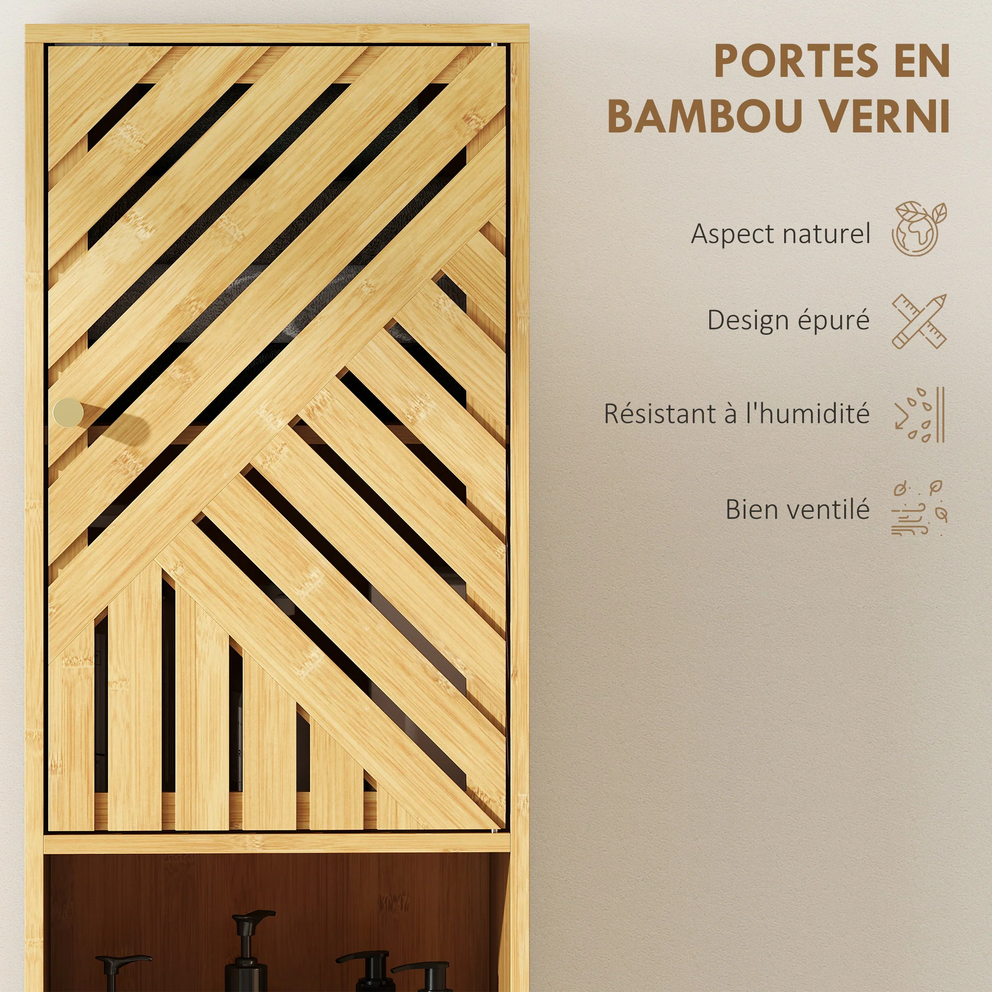 Armoire salle de bain haute, meuble de rangement colonne, portes et pieds en bambou, niches ouvertes, étagères réglables, meuble étroit pour toilette, petits espaces, 32x30x170cm, bois naturel - Image 7