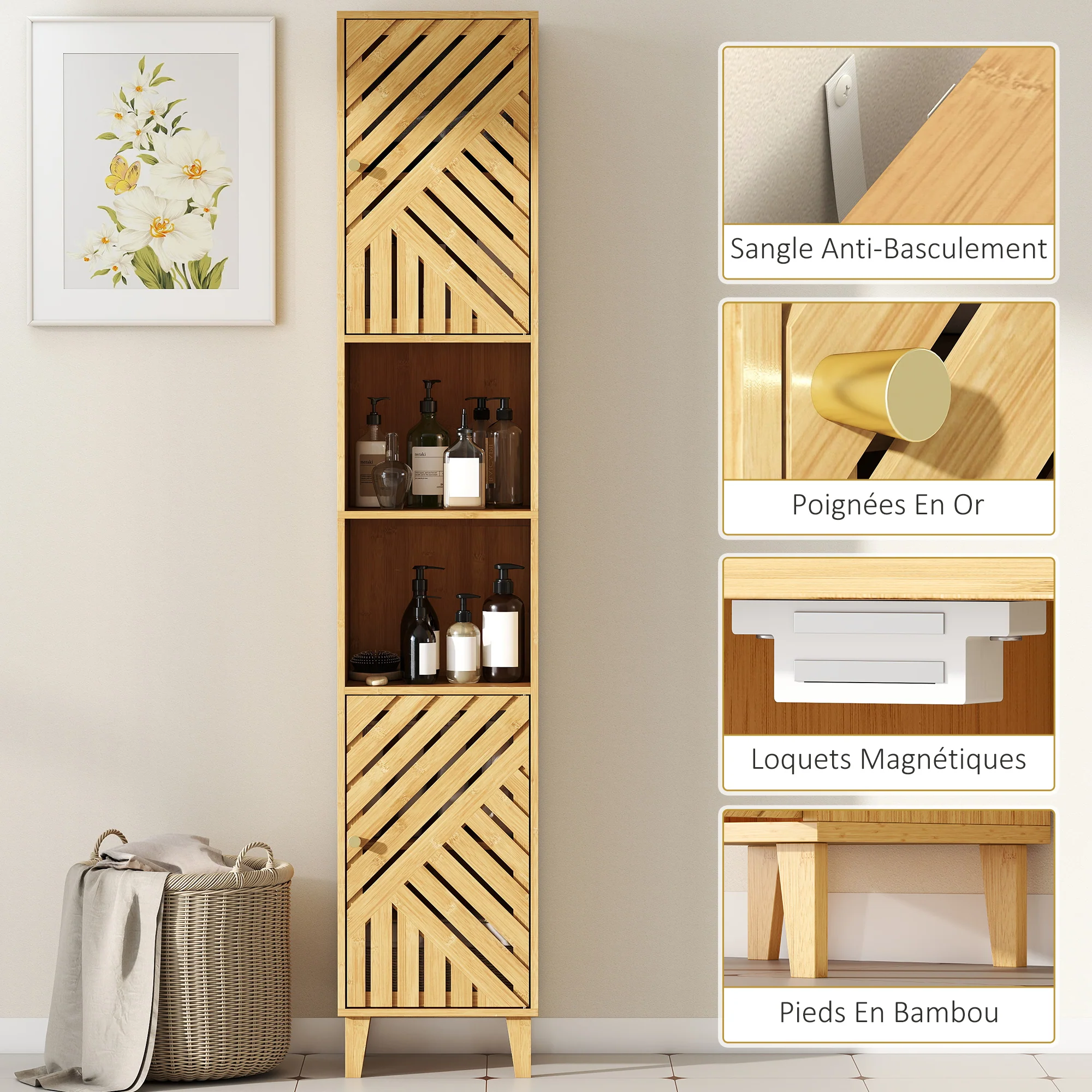 Armoire salle de bain haute, meuble de rangement colonne, portes et pieds en bambou, niches ouvertes, étagères réglables, meuble étroit pour toilette, petits espaces, 32x30x170cm, bois naturel - Image 8