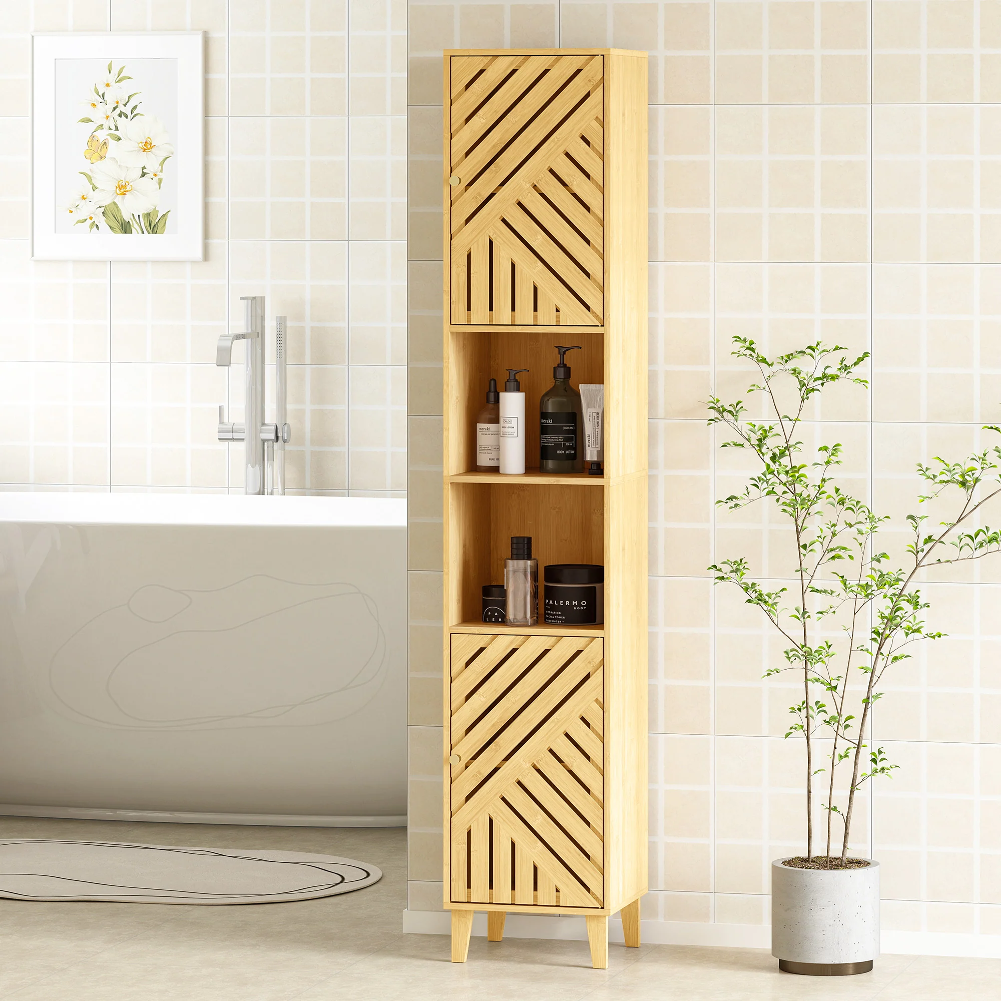 Armoire salle de bain haute, meuble de rangement colonne, portes et pieds en bambou, niches ouvertes, étagères réglables, meuble étroit pour toilette, petits espaces, 32x30x170cm, bois naturel - Image 9
