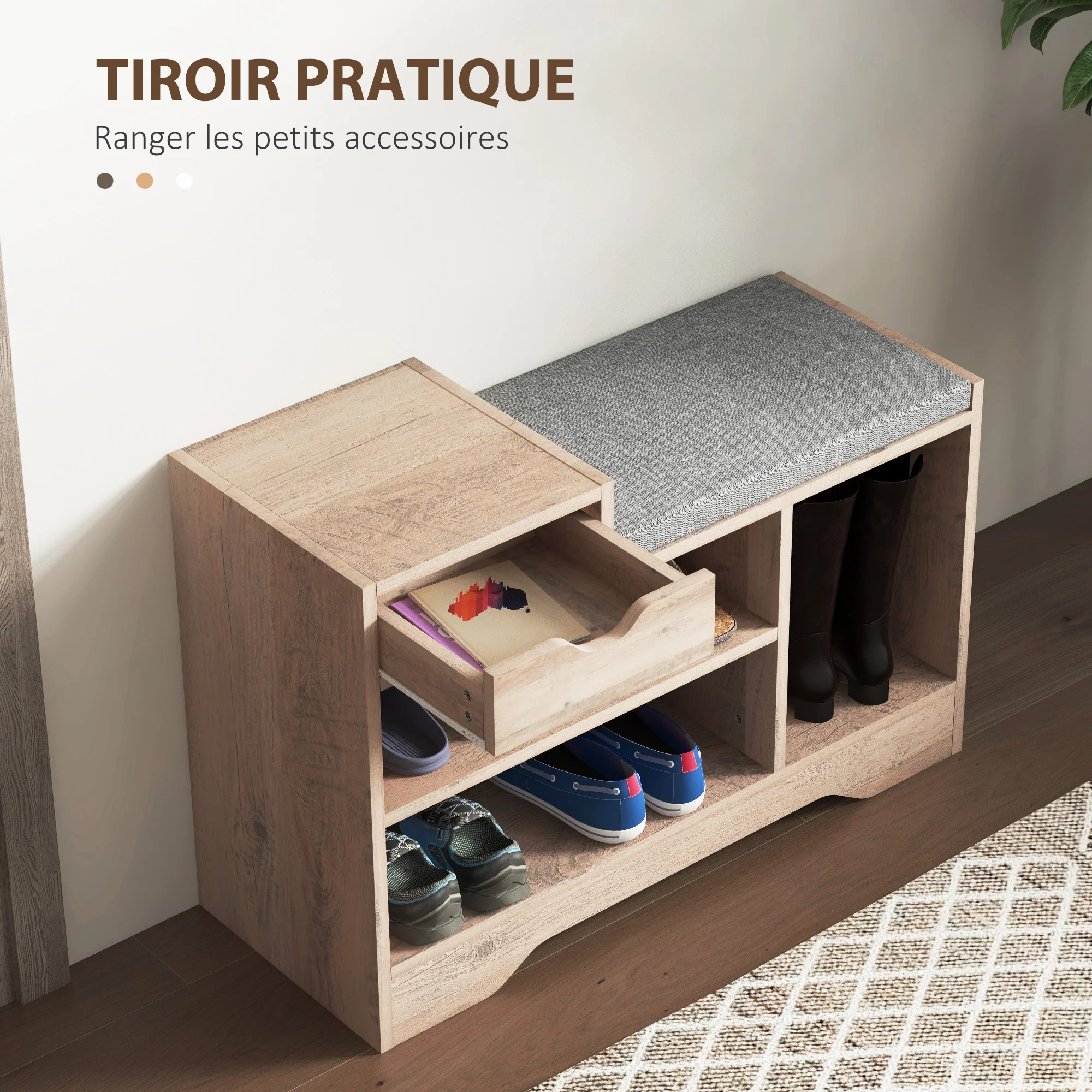 Banc à chaussures, banc de rangement, 1 tiroir et 3 compartiments, meuble d'entrée avec coussin rembourrée, pour couloir, entrée, chambre, 76,5 x 30 x 52 cm, gris effet bois - Image 6