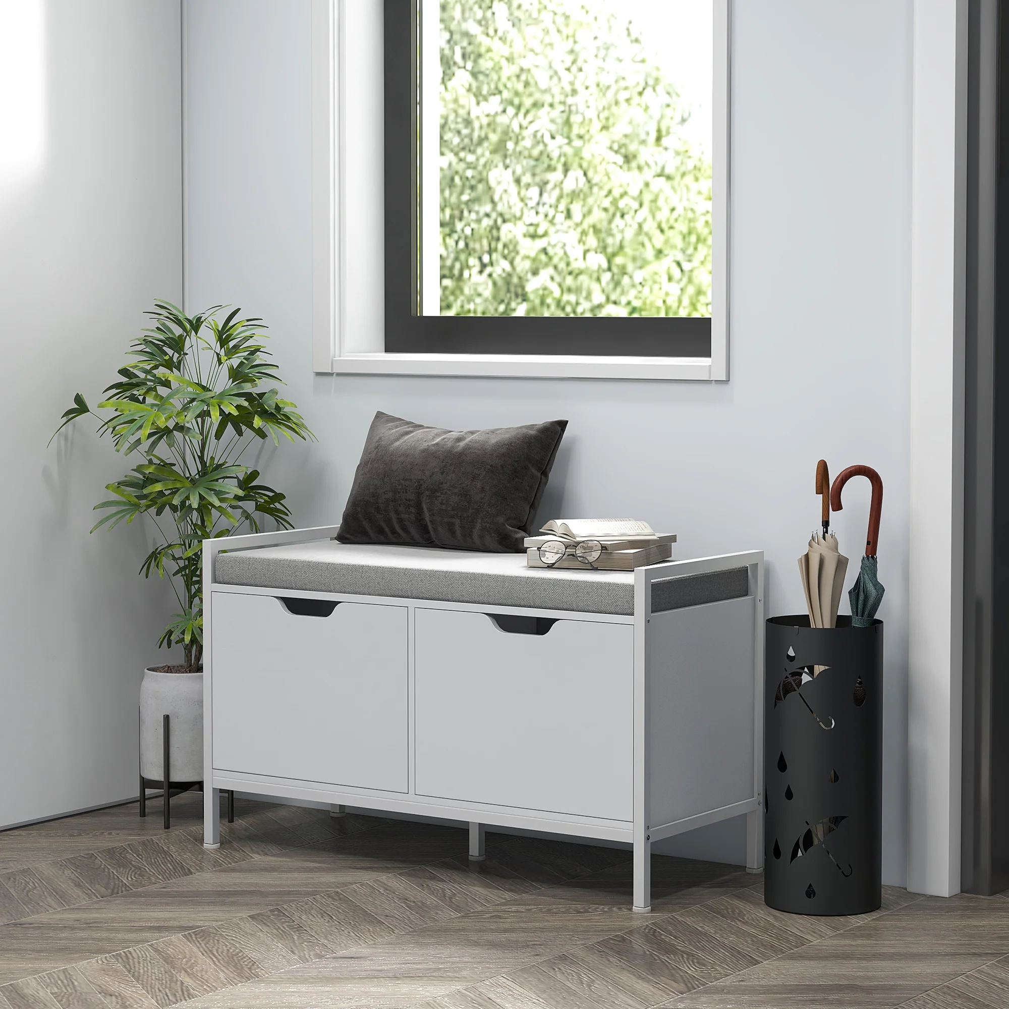 Banc à chaussures meuble à chaussures, 2 placards, meuble d'entrée avec coussin rembourrée, pour couloir, entrée, chambre, 84l x 35P x 50H cm, blanc - Image 3