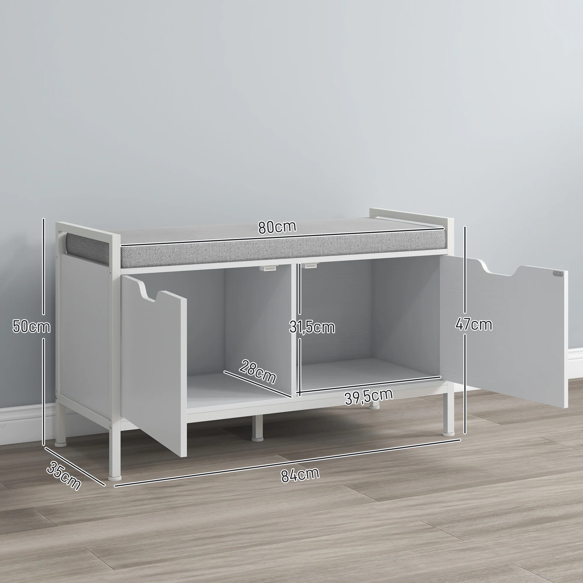 Banc à chaussures meuble à chaussures, 2 placards, meuble d'entrée avec coussin rembourrée, pour couloir, entrée, chambre, 84l x 35P x 50H cm, blanc - Image 4