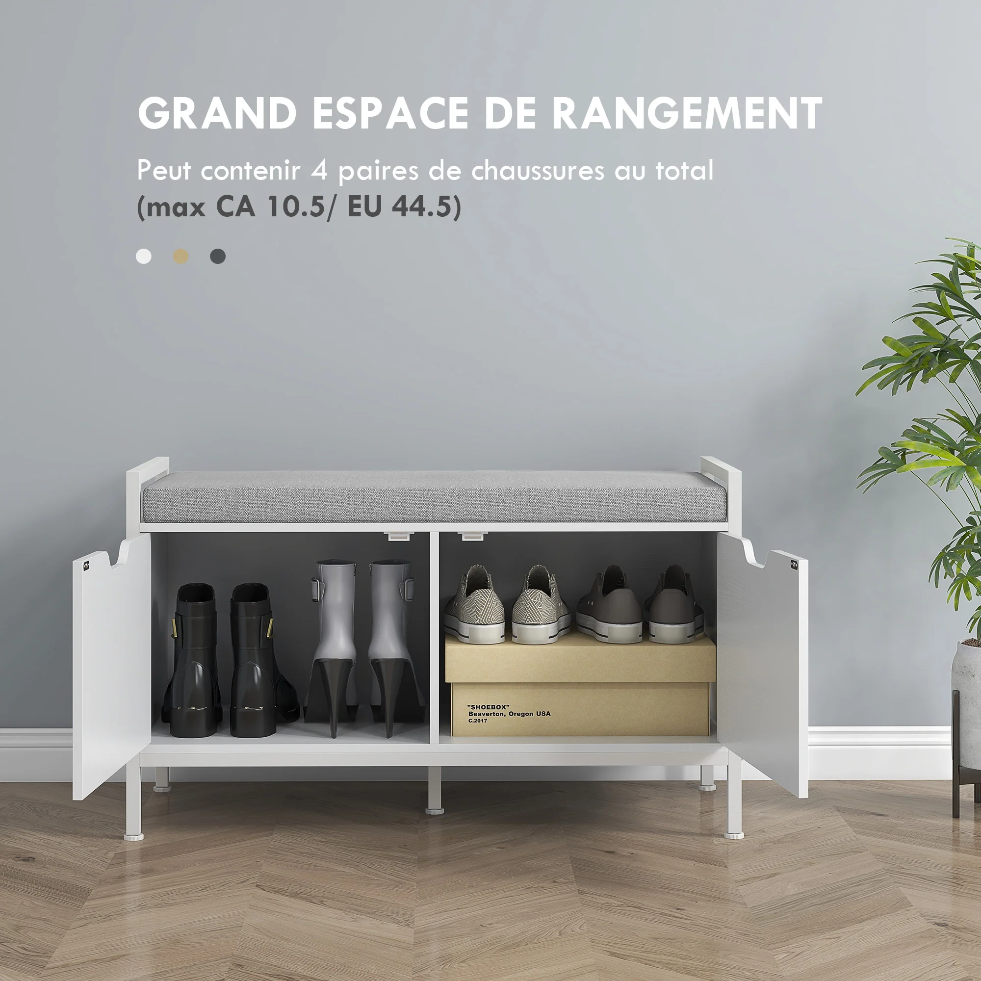 Banc à chaussures meuble à chaussures, 2 placards, meuble d'entrée avec coussin rembourrée, pour couloir, entrée, chambre, 84l x 35P x 50H cm, blanc - Image 5