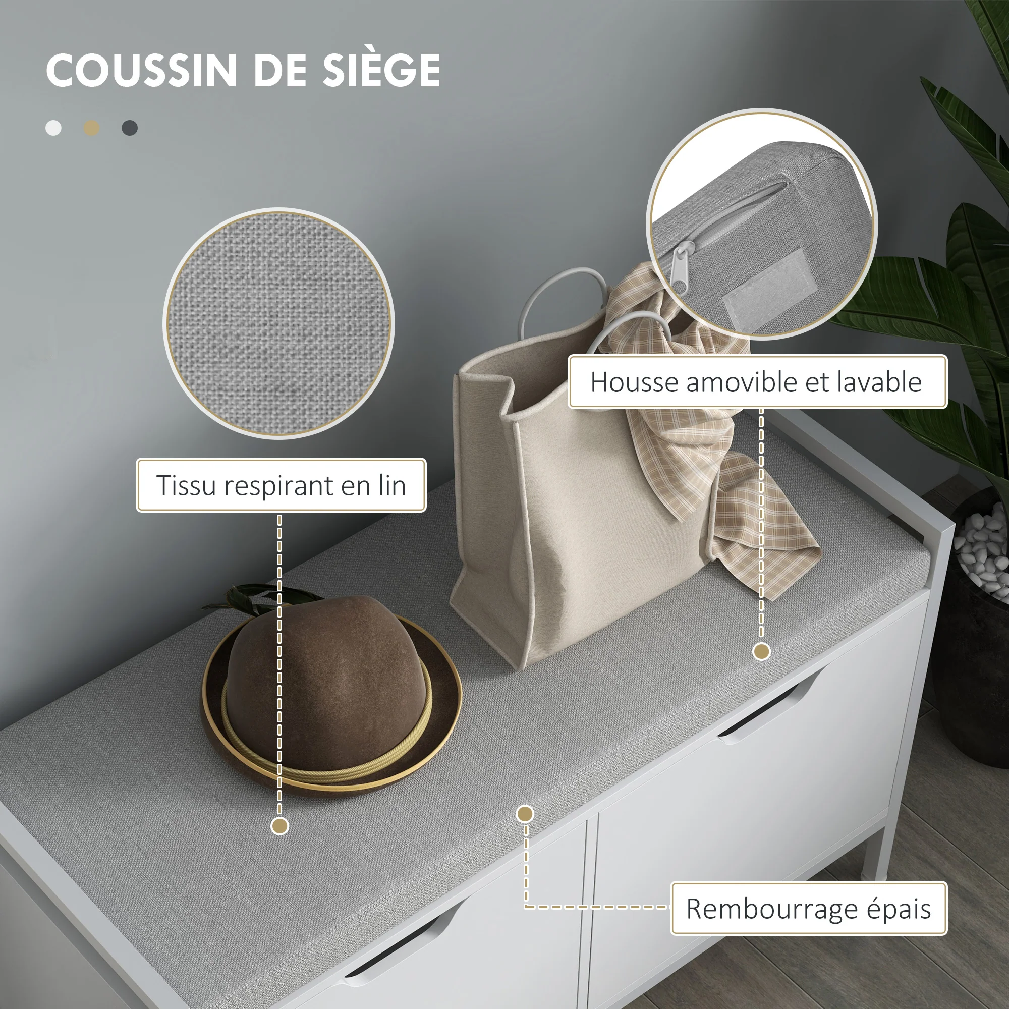 Banc à chaussures meuble à chaussures, 2 placards, meuble d'entrée avec coussin rembourrée, pour couloir, entrée, chambre, 84l x 35P x 50H cm, blanc - Image 6